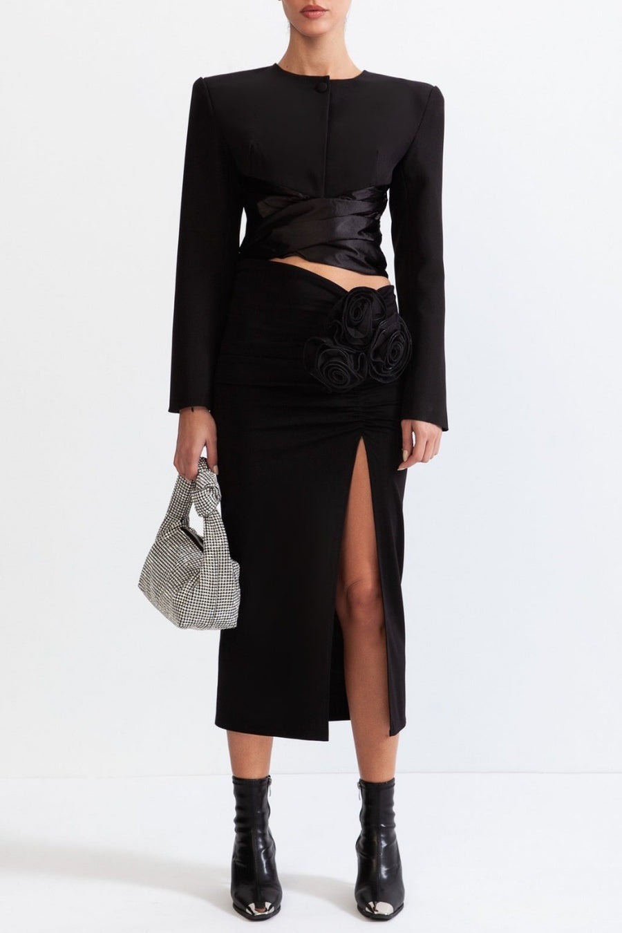 Maelie Bow Detail Satin Crop Blazer - Black