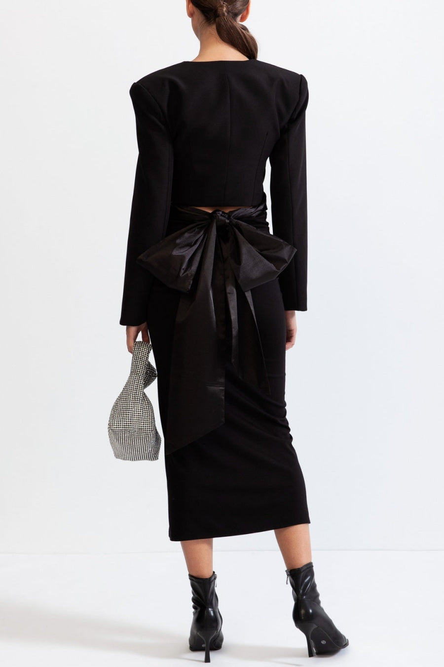 Maelie Bow Detail Satin Crop Blazer - Black