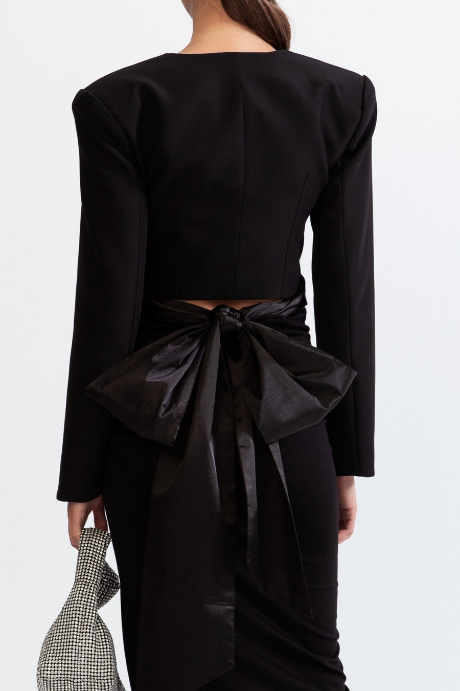 Maelie Bow Detail Satin Crop Blazer - Black