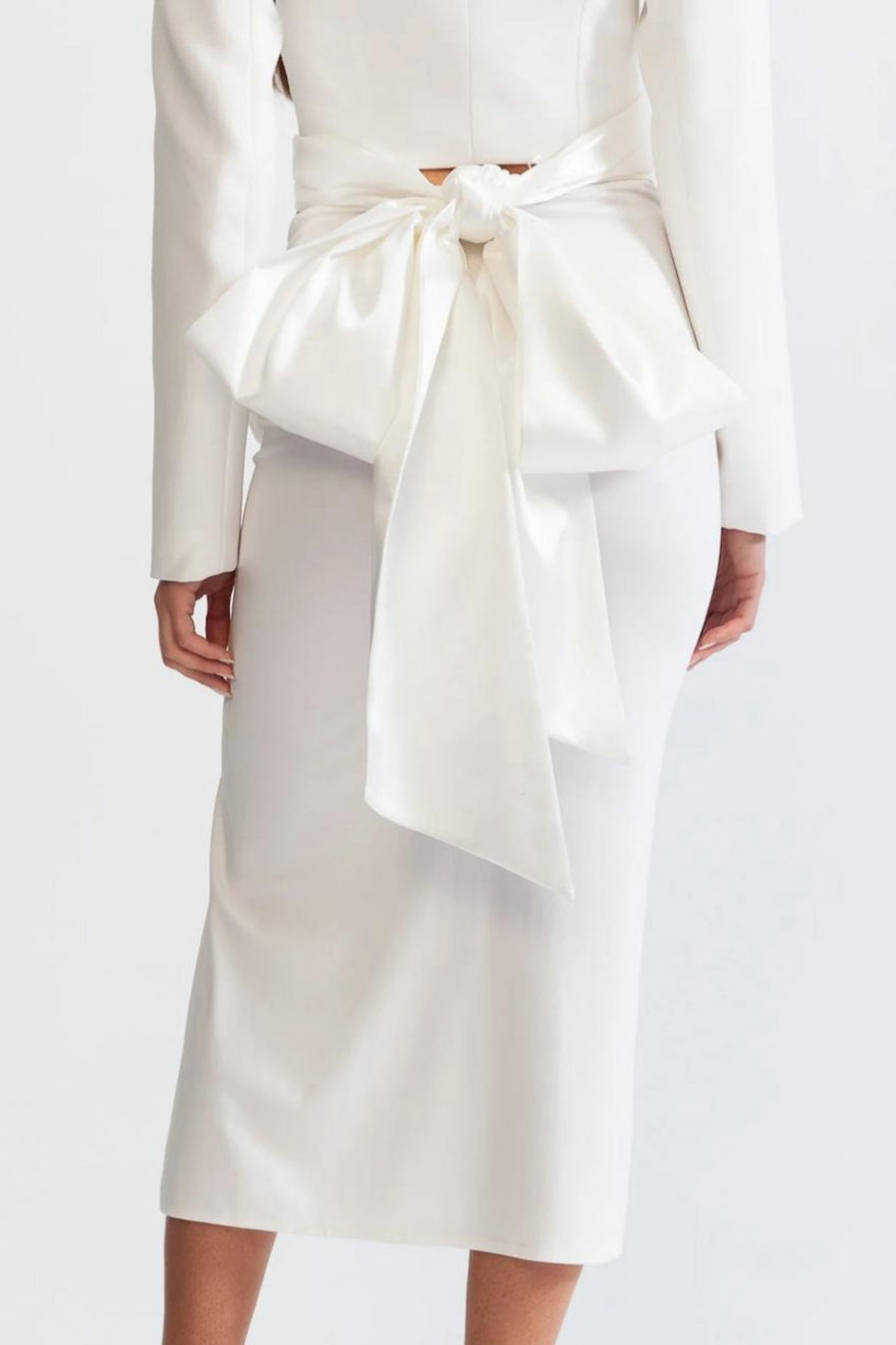 Maelie Bow Detail Satin Crop Blazer - White