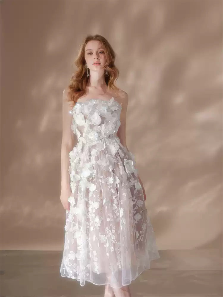 rachel crystal floral embroidery midi dress in white