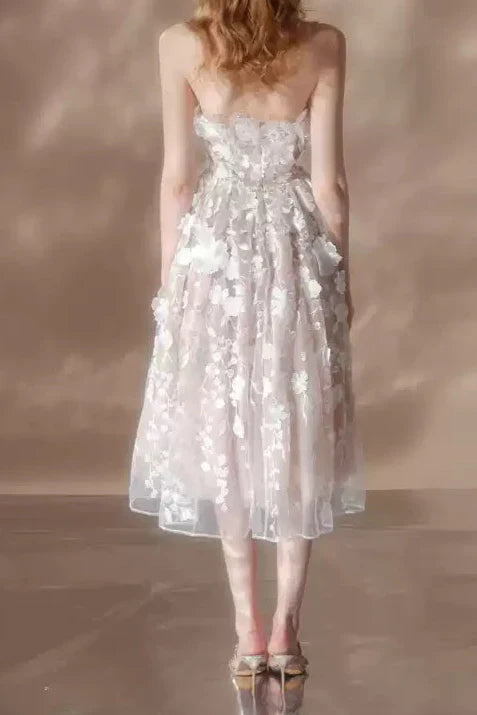rachel crystal floral embroidery midi dress in white