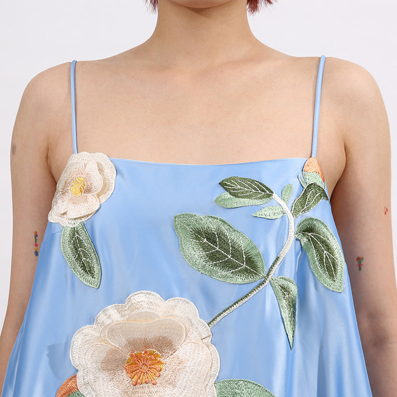 evangeline applique floral Embroidered Mini Dress in blue