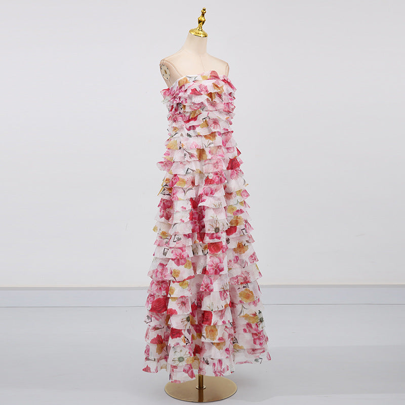 cathy floral print Pleated layer strapless maxi dress in pink
