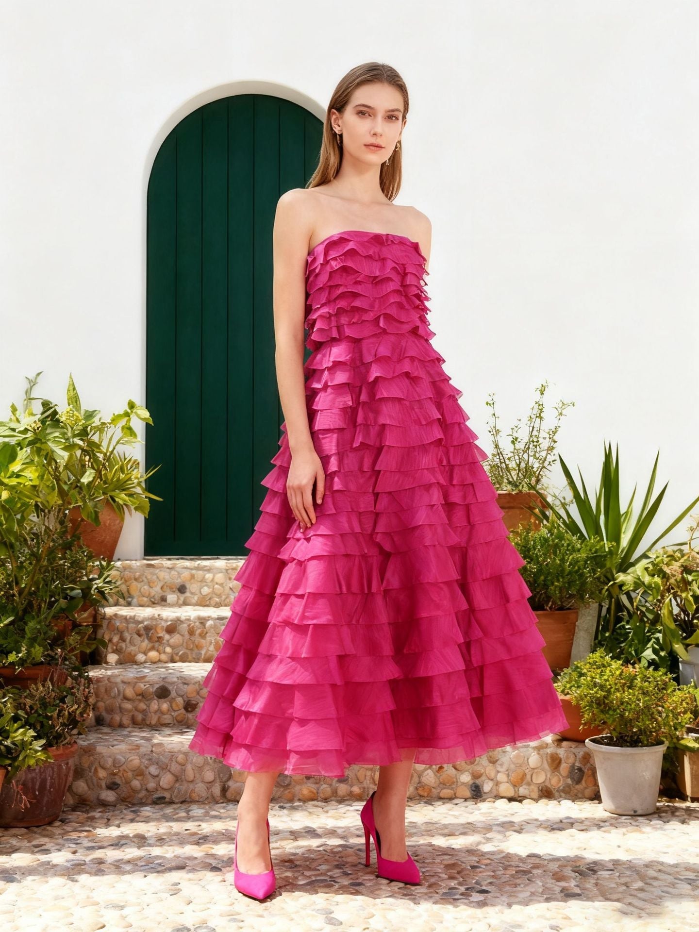 cathy Pleated layer strapless maxi dress in rose red