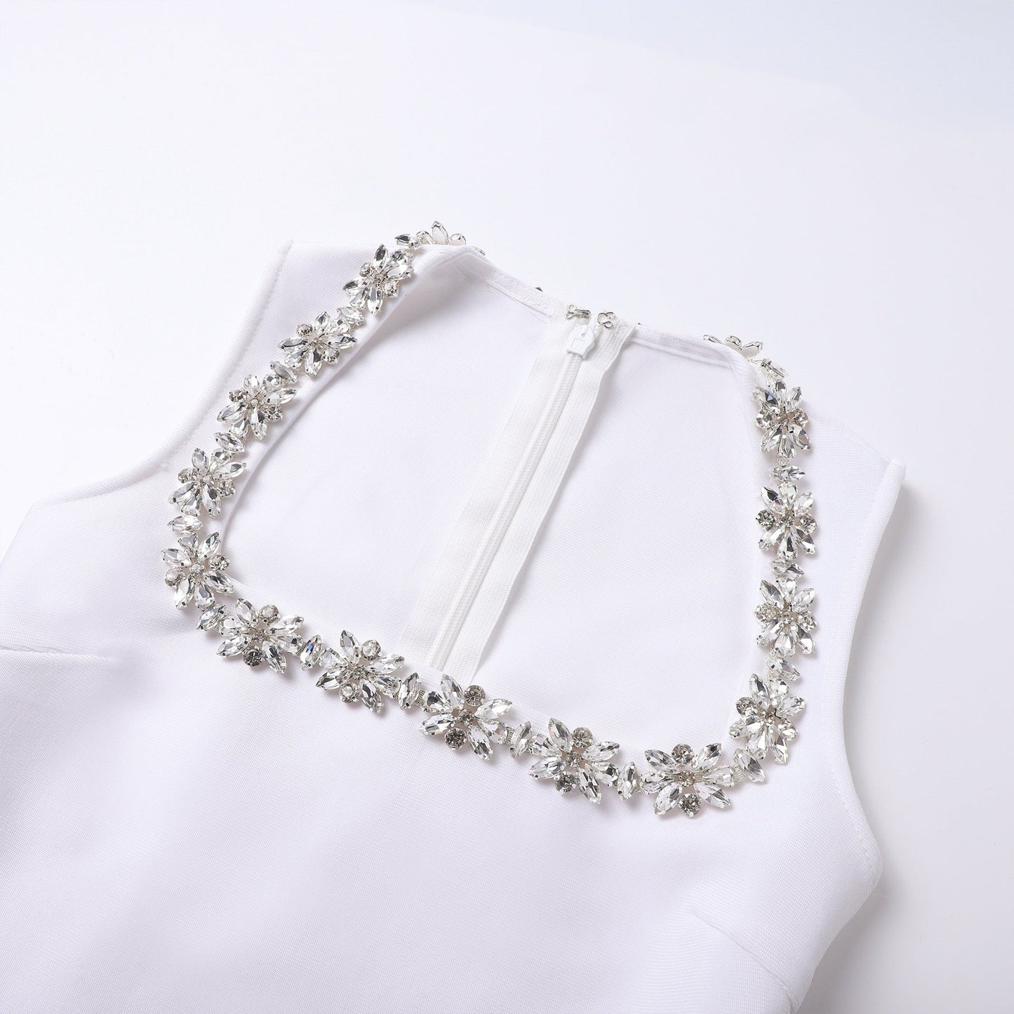 roxanne square neck crystal embellished mini dress in white