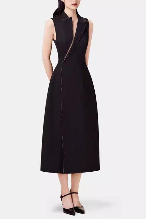lindsay asymmetric collar blazer midi dress in black