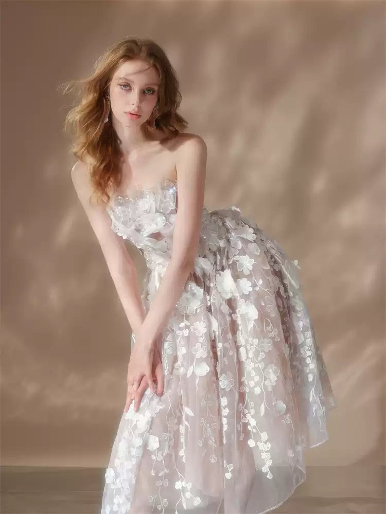 rachel crystal floral embroidery midi dress in white