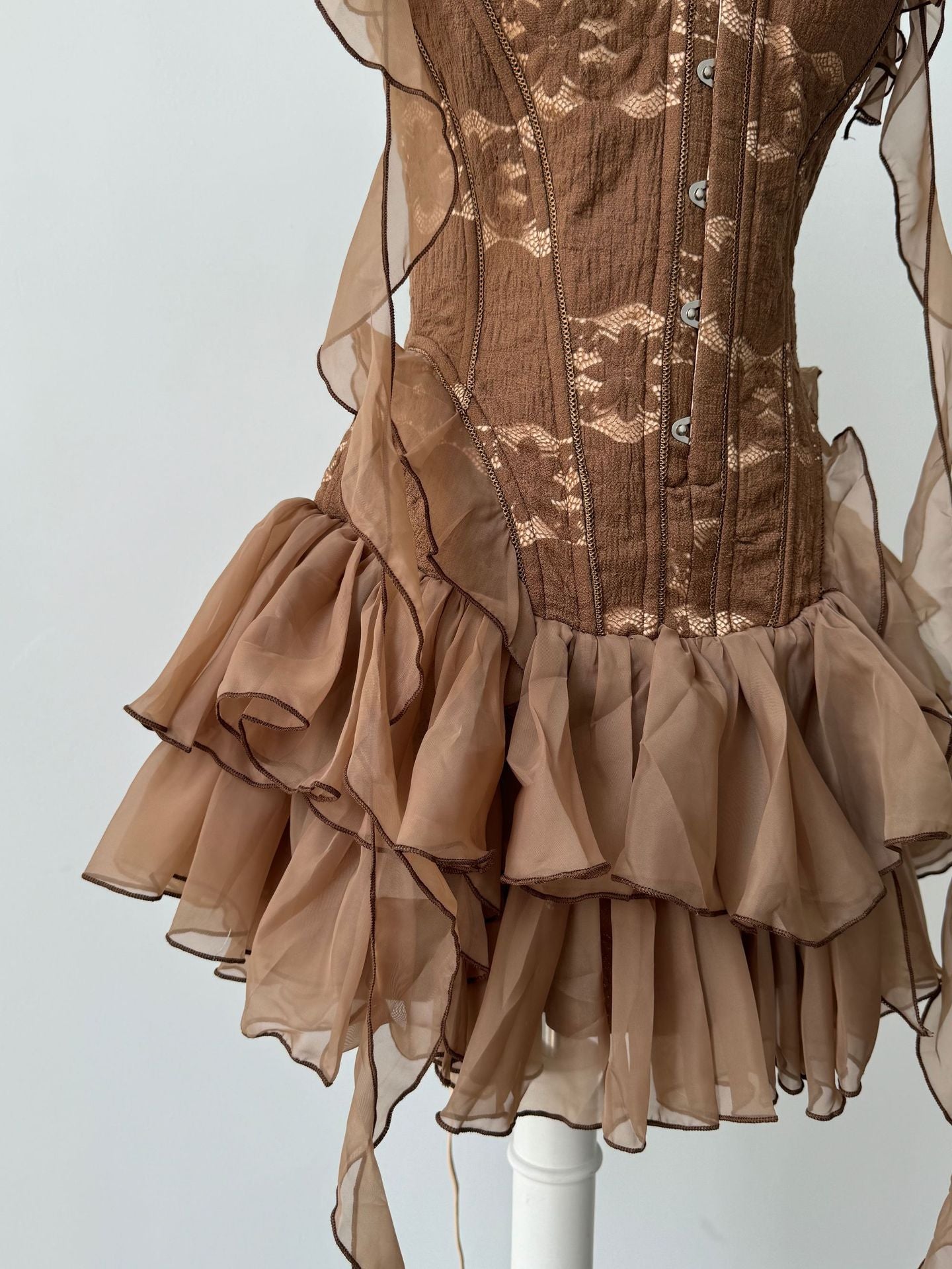 sherry ruffle trim fish bones mini dress in brown