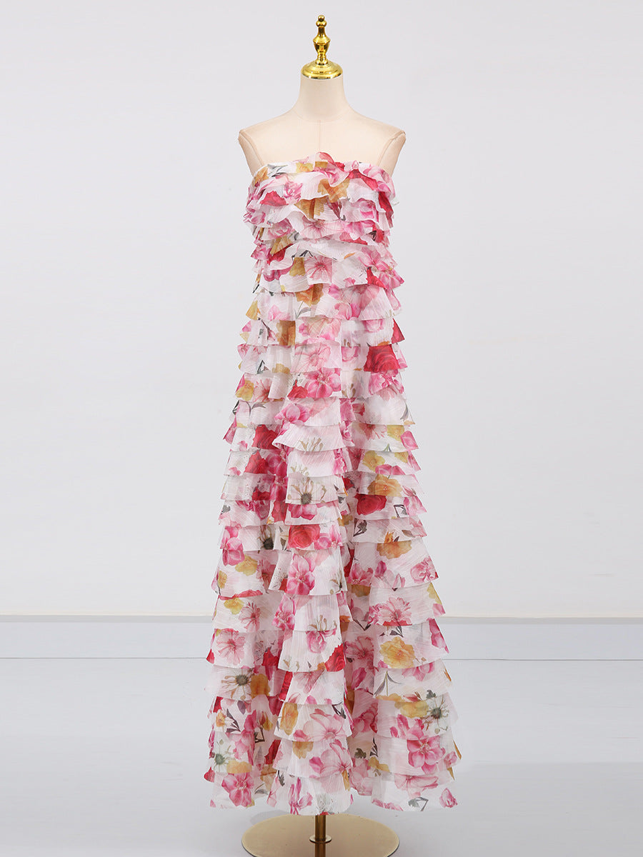 cathy floral print Pleated layer strapless maxi dress in pink