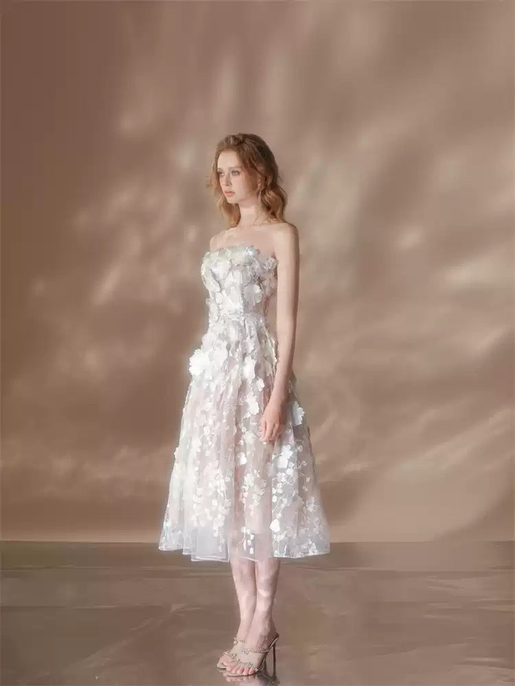 rachel crystal floral embroidery midi dress in white