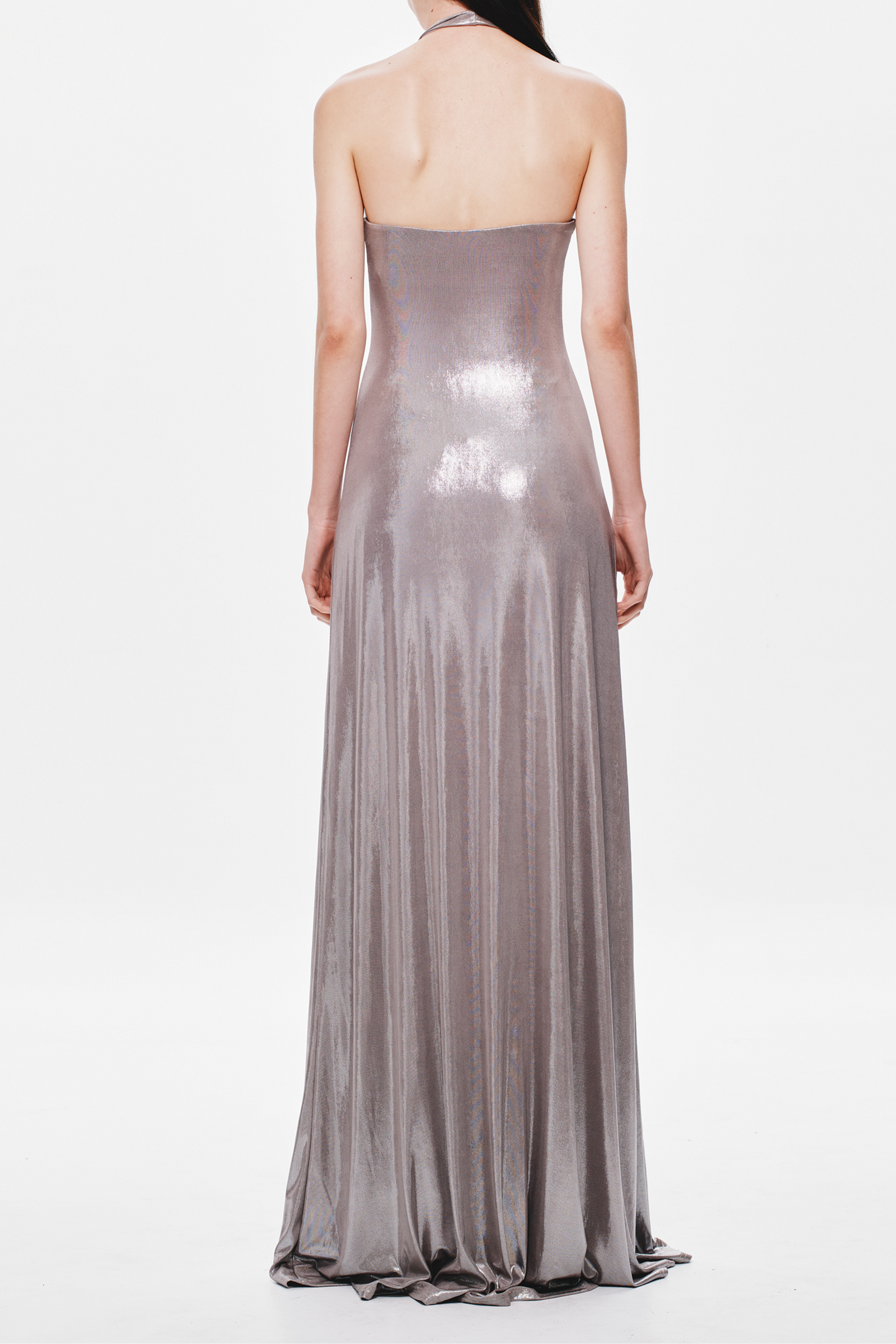 lauren halter deep v-neck pleated backless maxi dress in silver