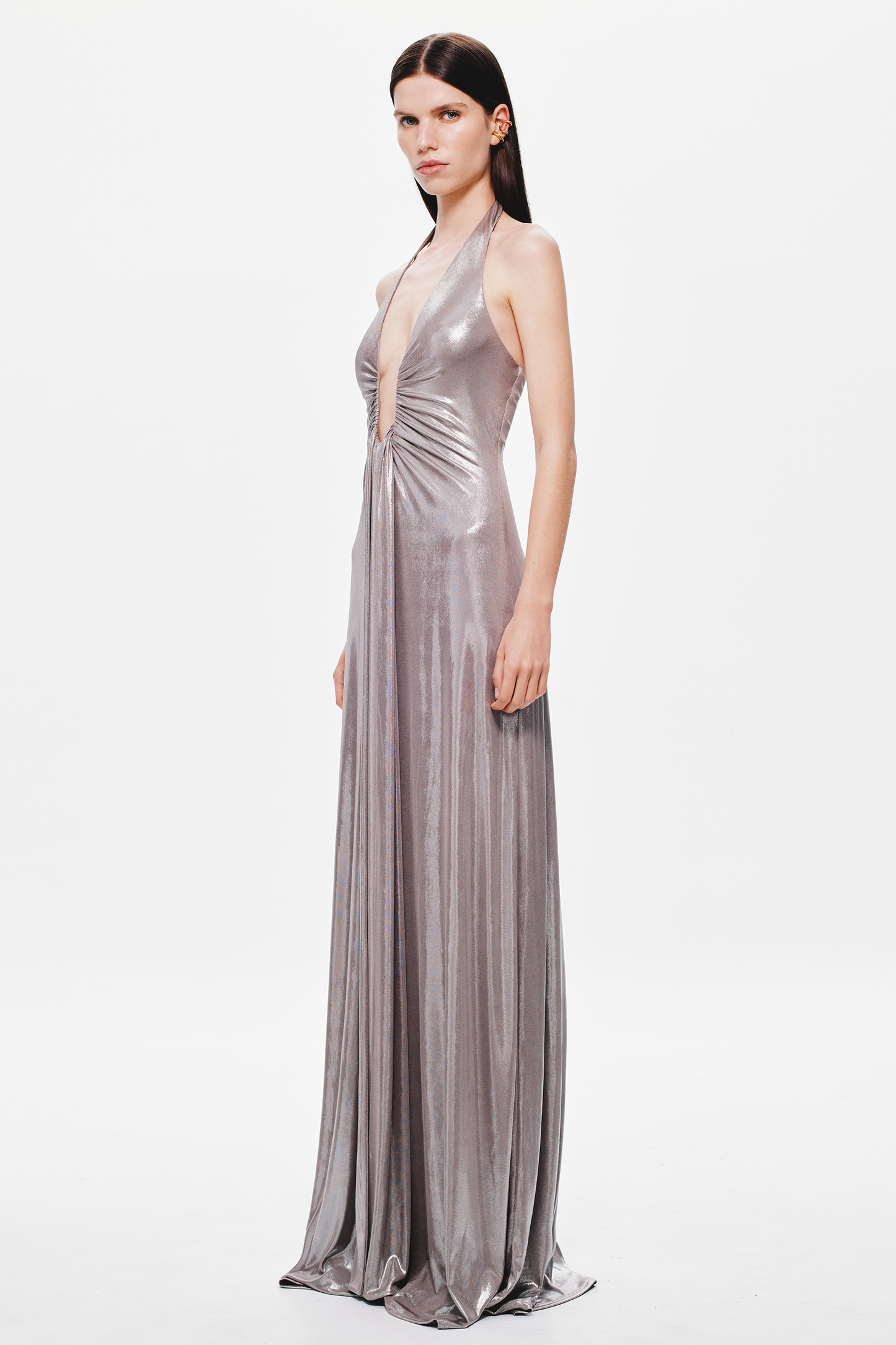 lauren halter deep v-neck pleated backless maxi dress in silver