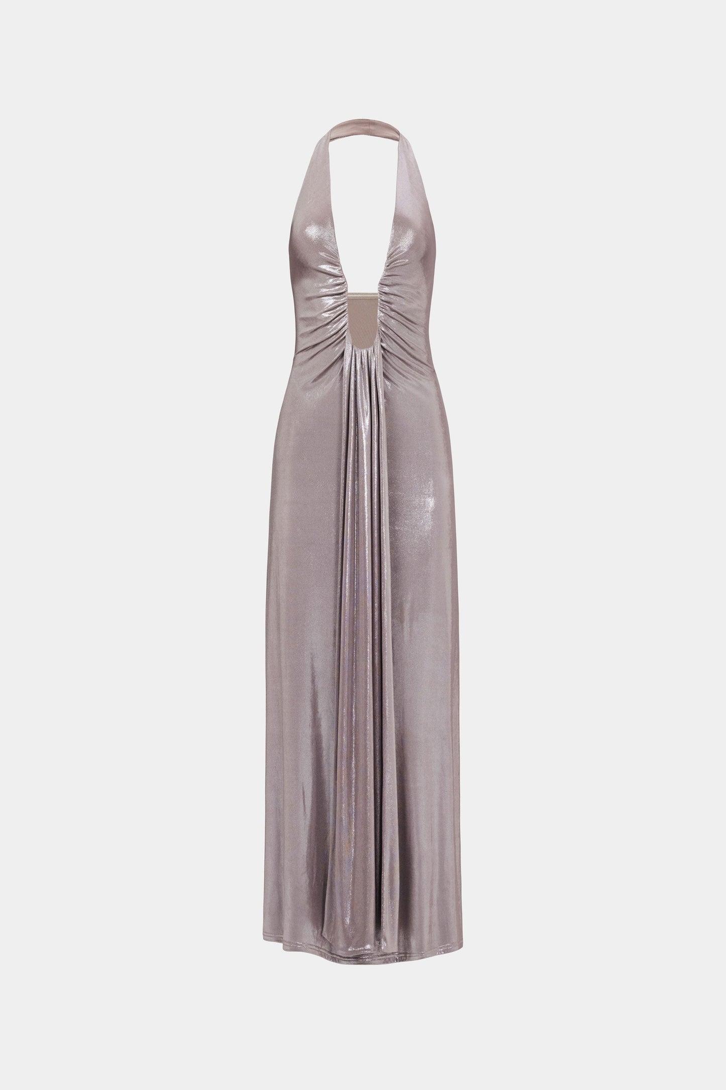 lauren halter deep v-neck pleated backless maxi dress in silver