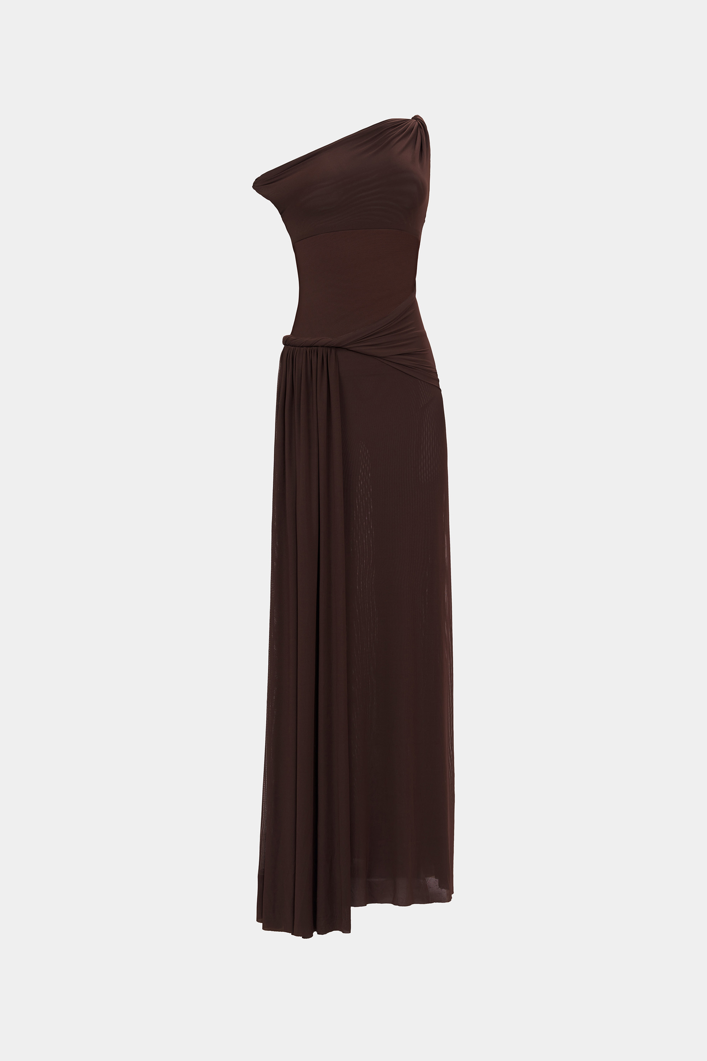 kama one-shoulder pleated draped maxi dress in brown