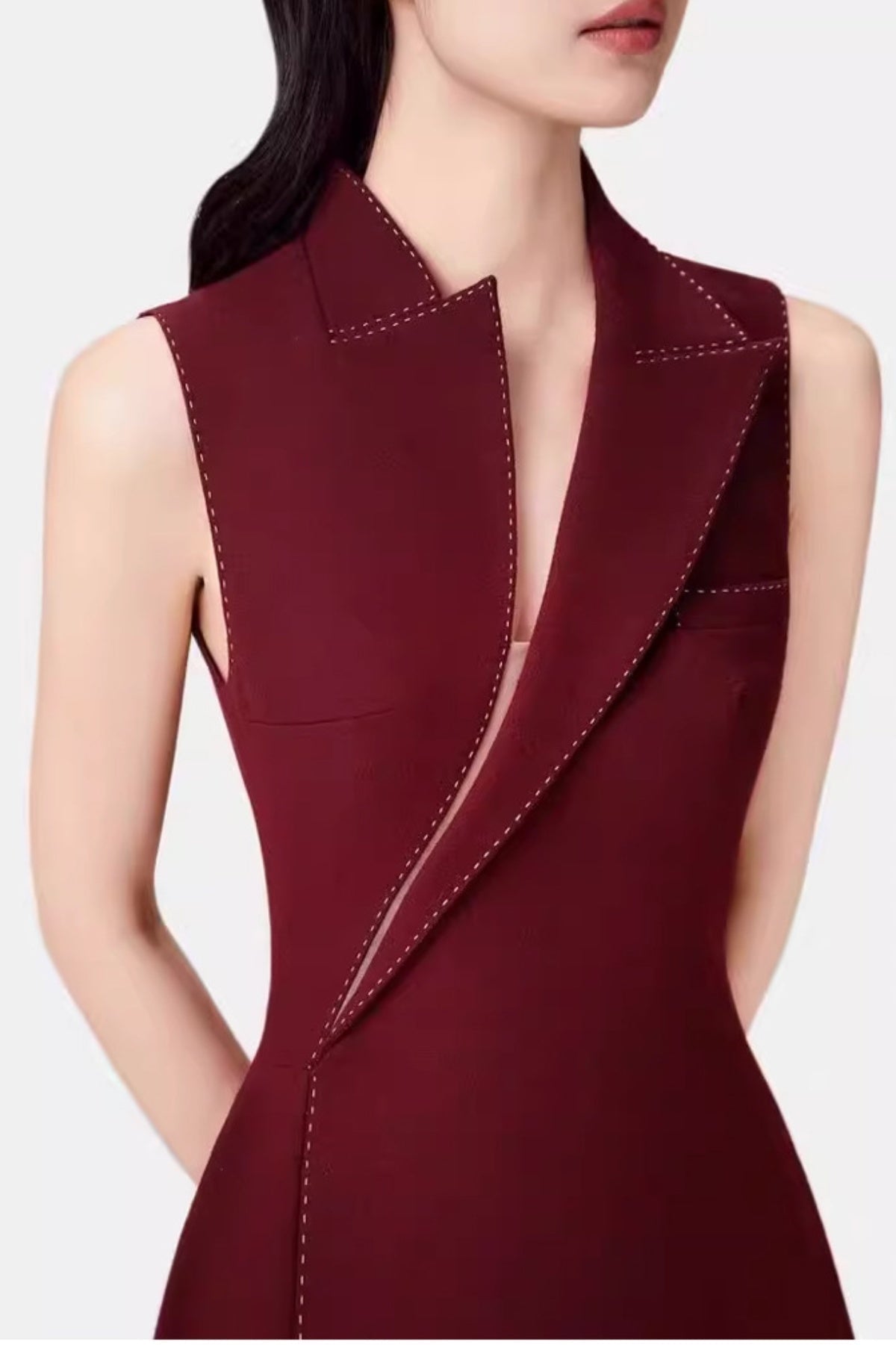 Asymmetric Collar Sleeveless Midi Dress - Wine