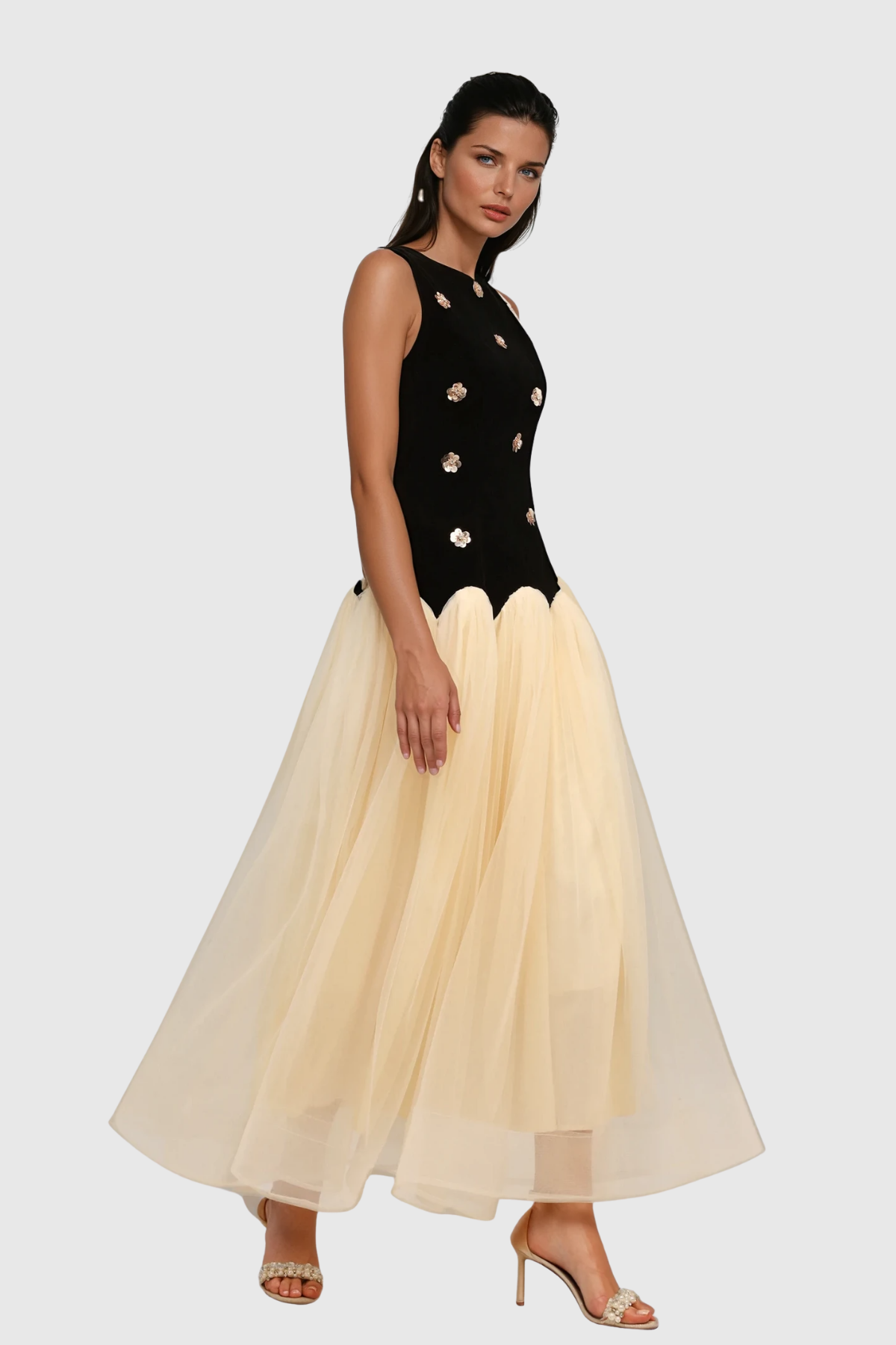 Wenke Sleeveless Flower Mesh Maxi Dress