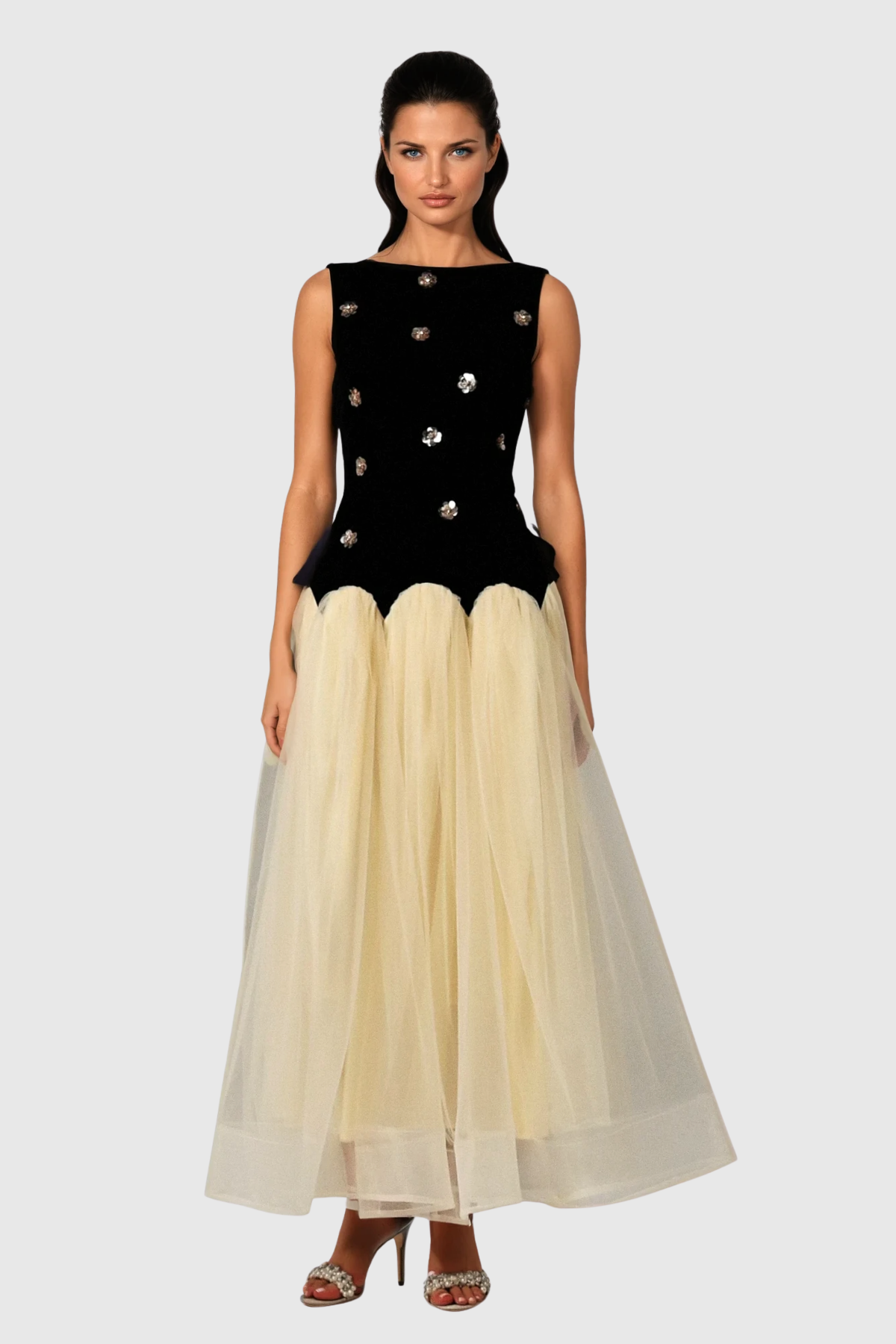 Wenke Sleeveless Flower Mesh Maxi Dress