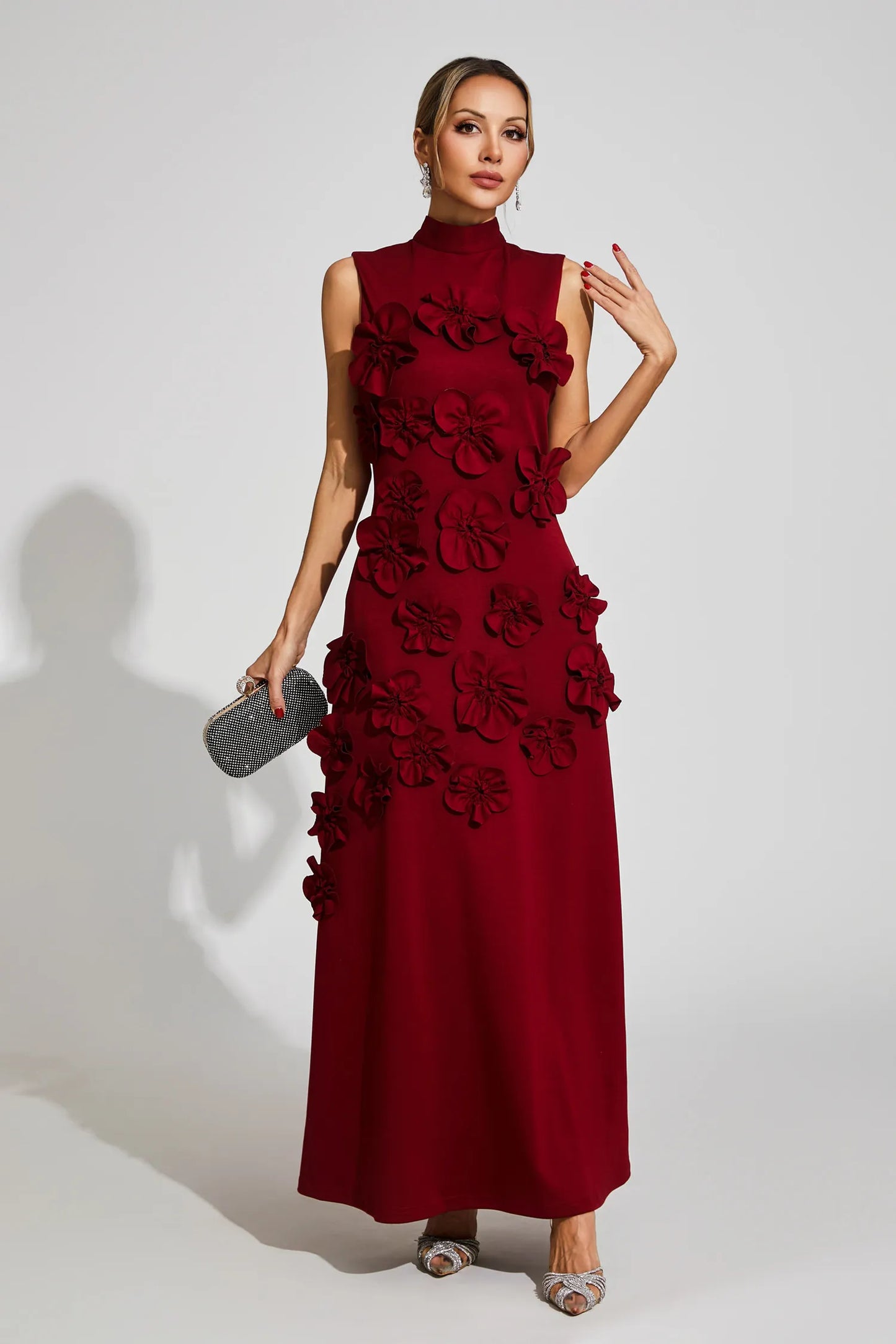 modesty RED FLOWER EMBELLISHED MAXI DRESS