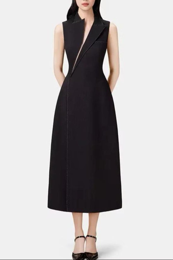 lindsay asymmetric collar blazer midi dress in black