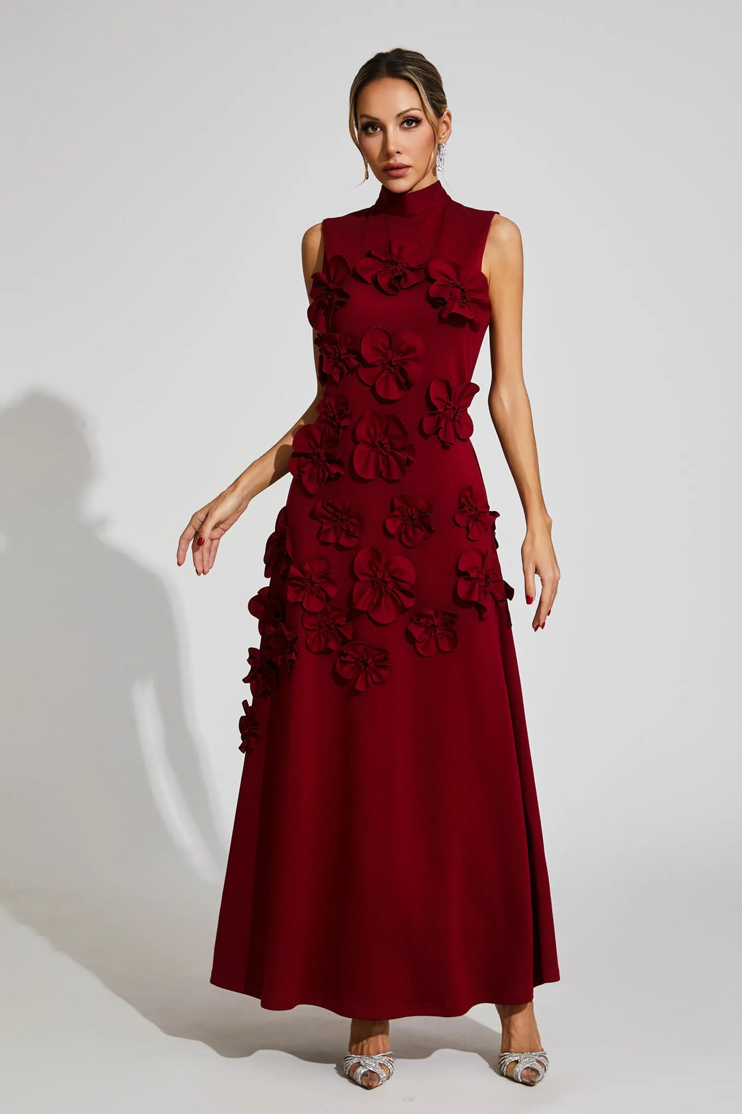 modesty RED FLOWER EMBELLISHED MAXI DRESS