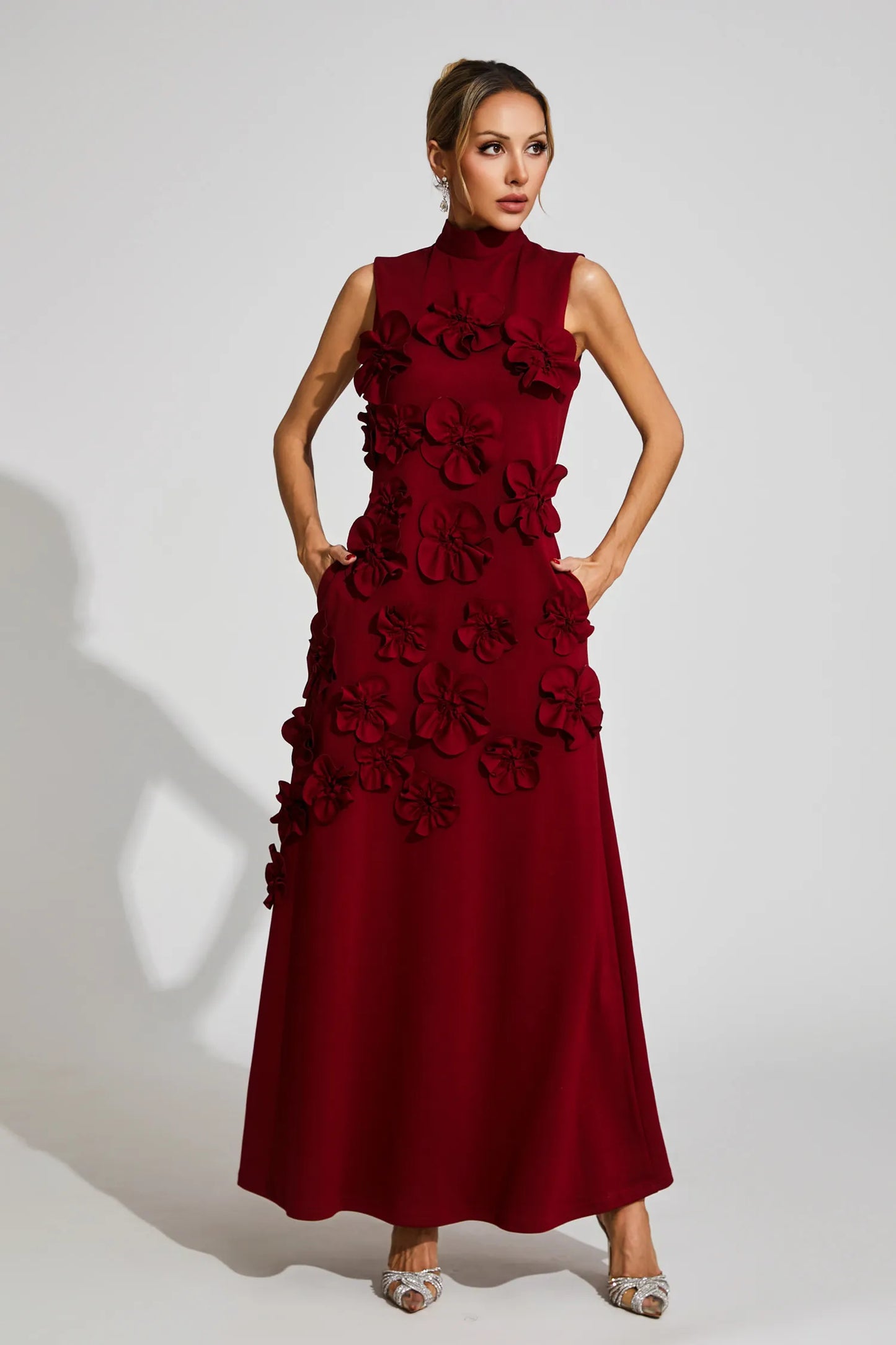 modesty RED FLOWER EMBELLISHED MAXI DRESS