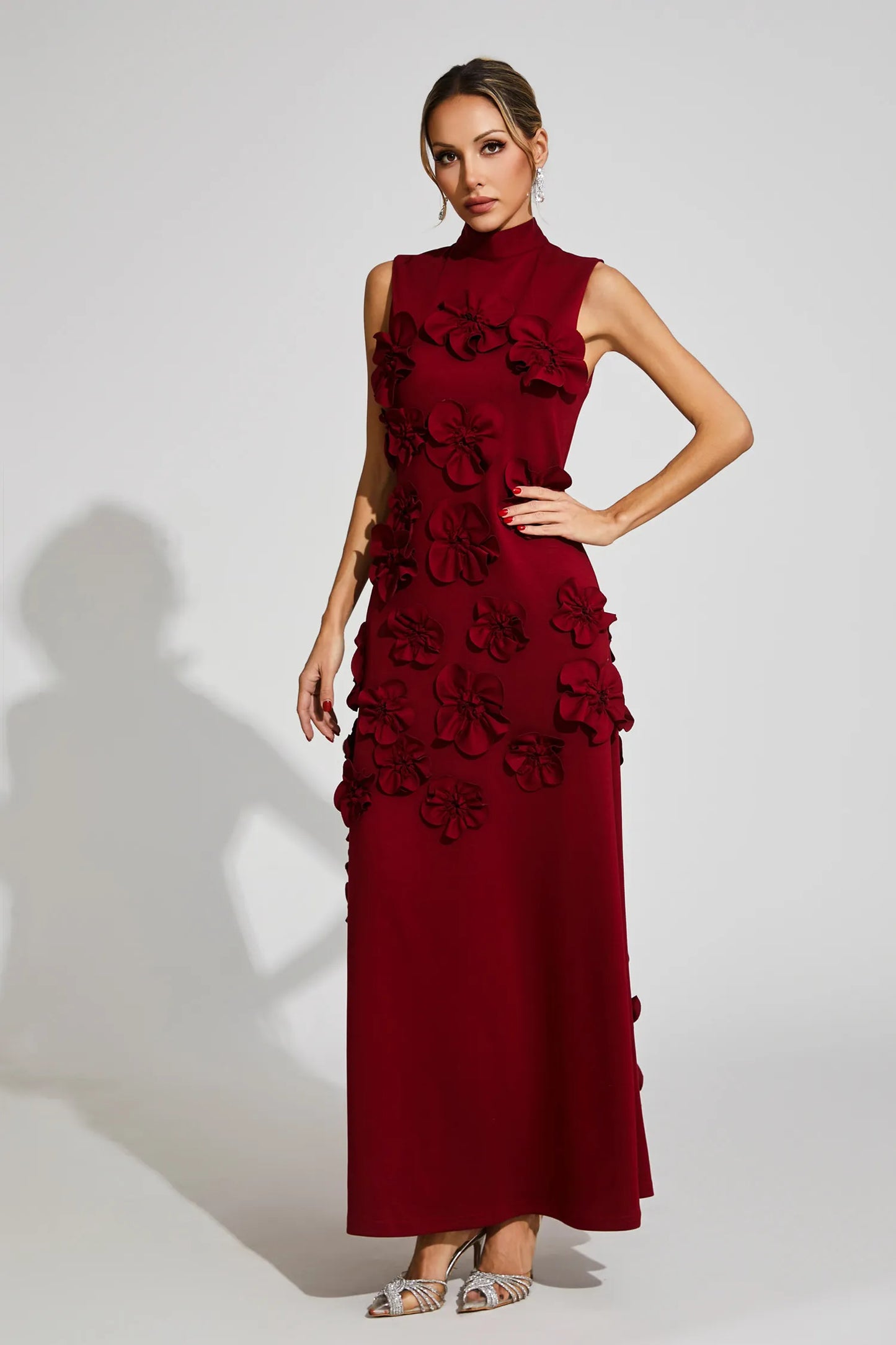 modesty RED FLOWER EMBELLISHED MAXI DRESS