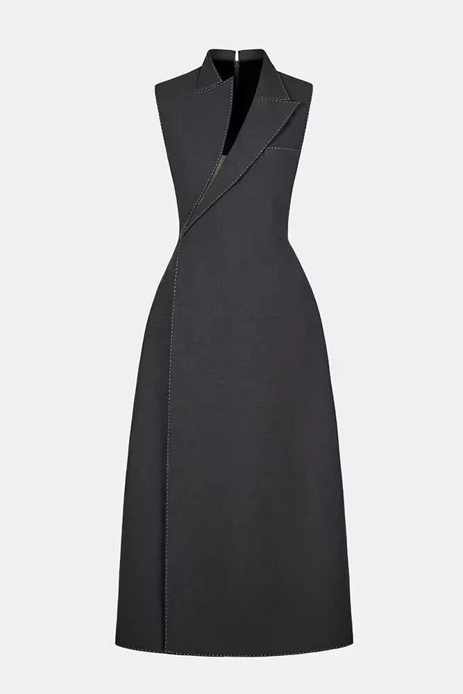 lindsay asymmetric collar blazer midi dress in grey
