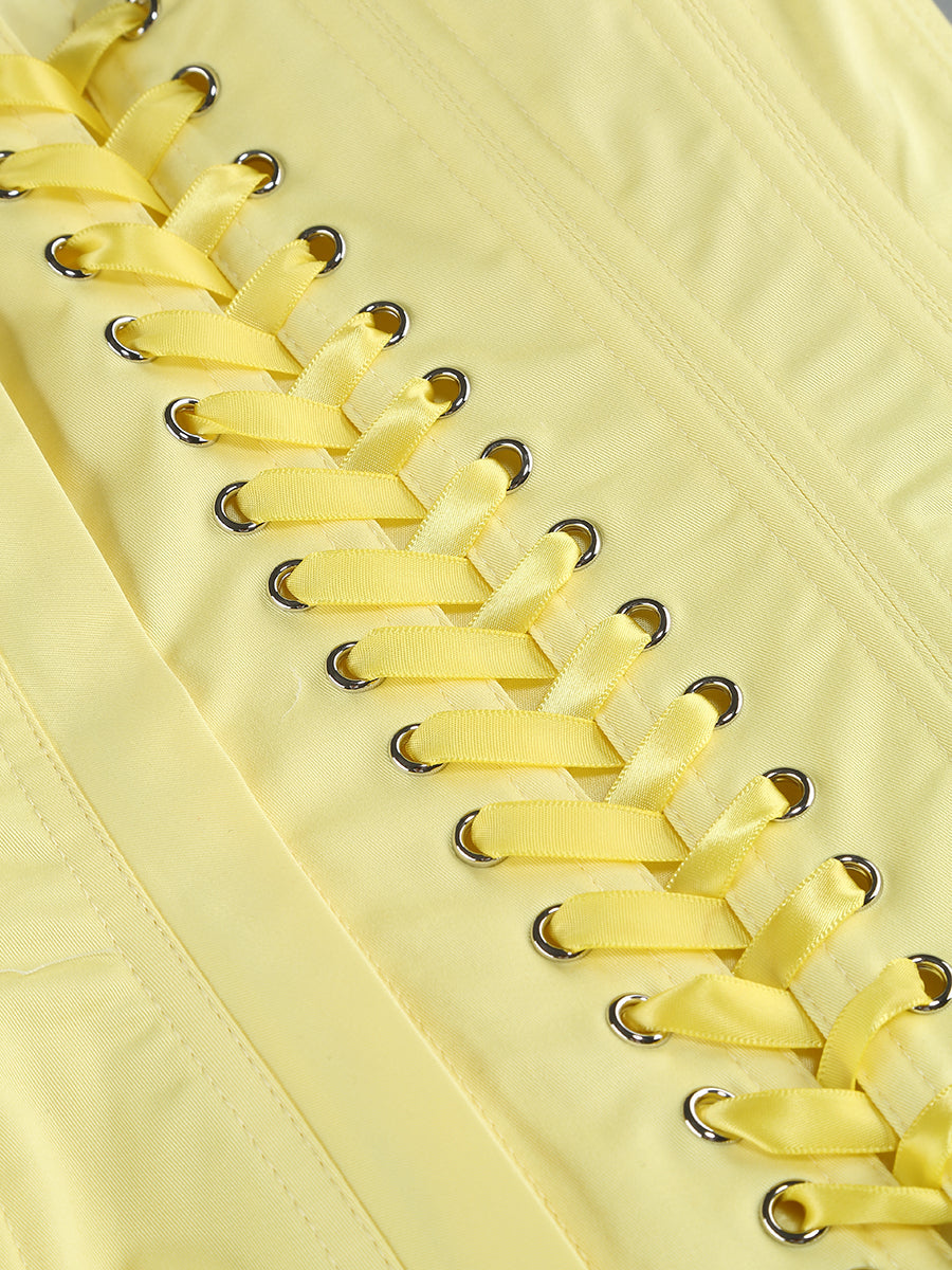samantha flower embellished mini skirt corset set in yellow