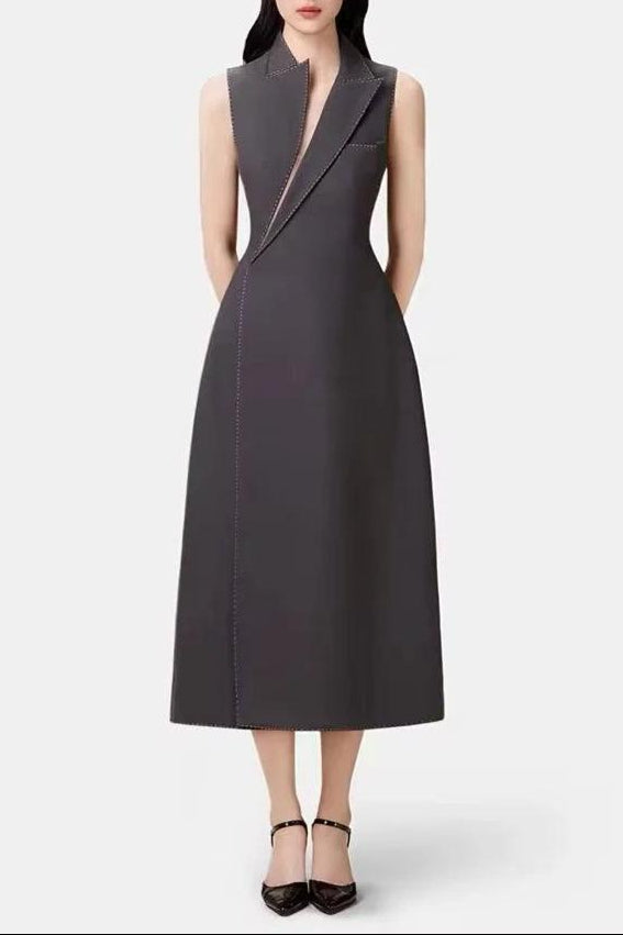 lindsay asymmetric collar blazer midi dress in grey