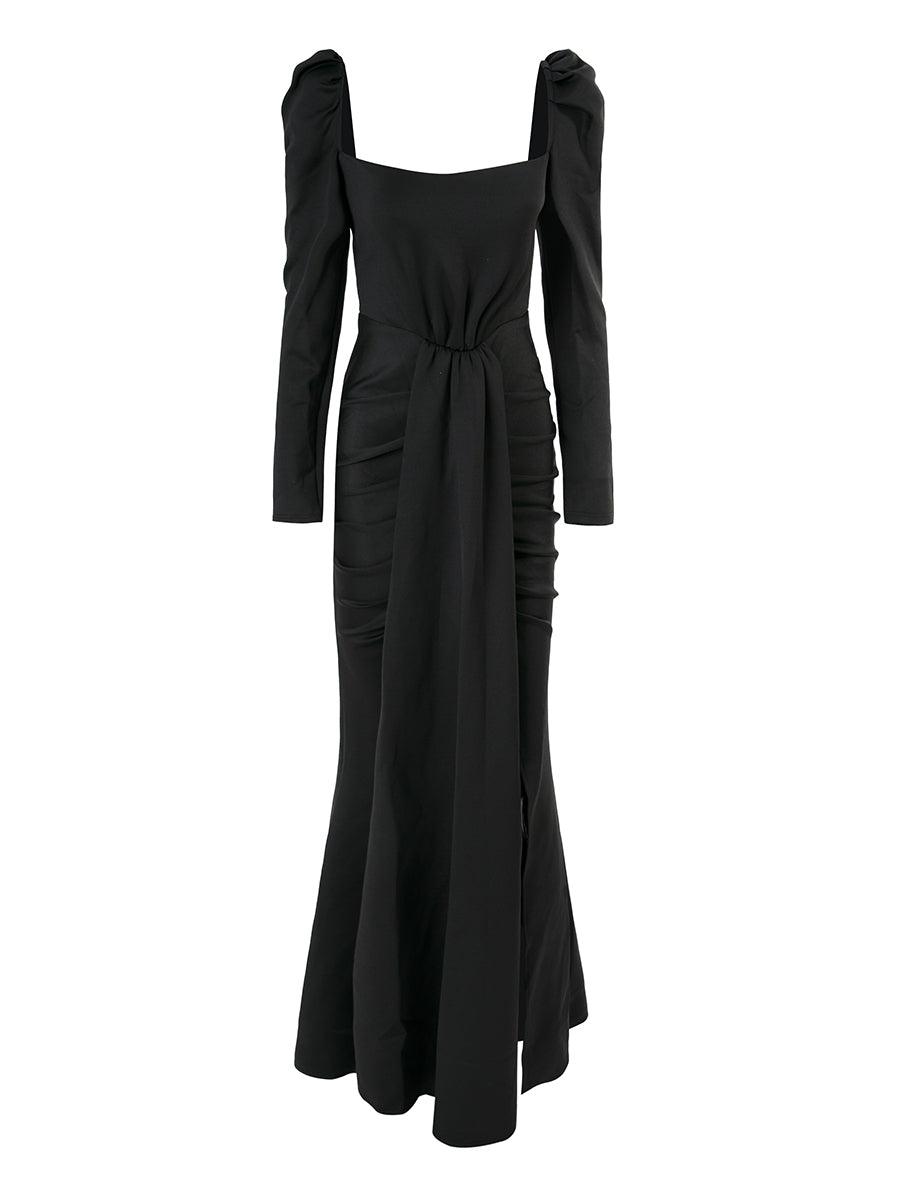 Puff Long Sleeve Split Black Mermaid Prom Dress