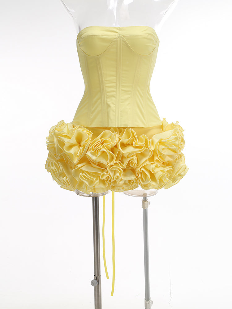 samantha flower embellished mini skirt corset set in yellow