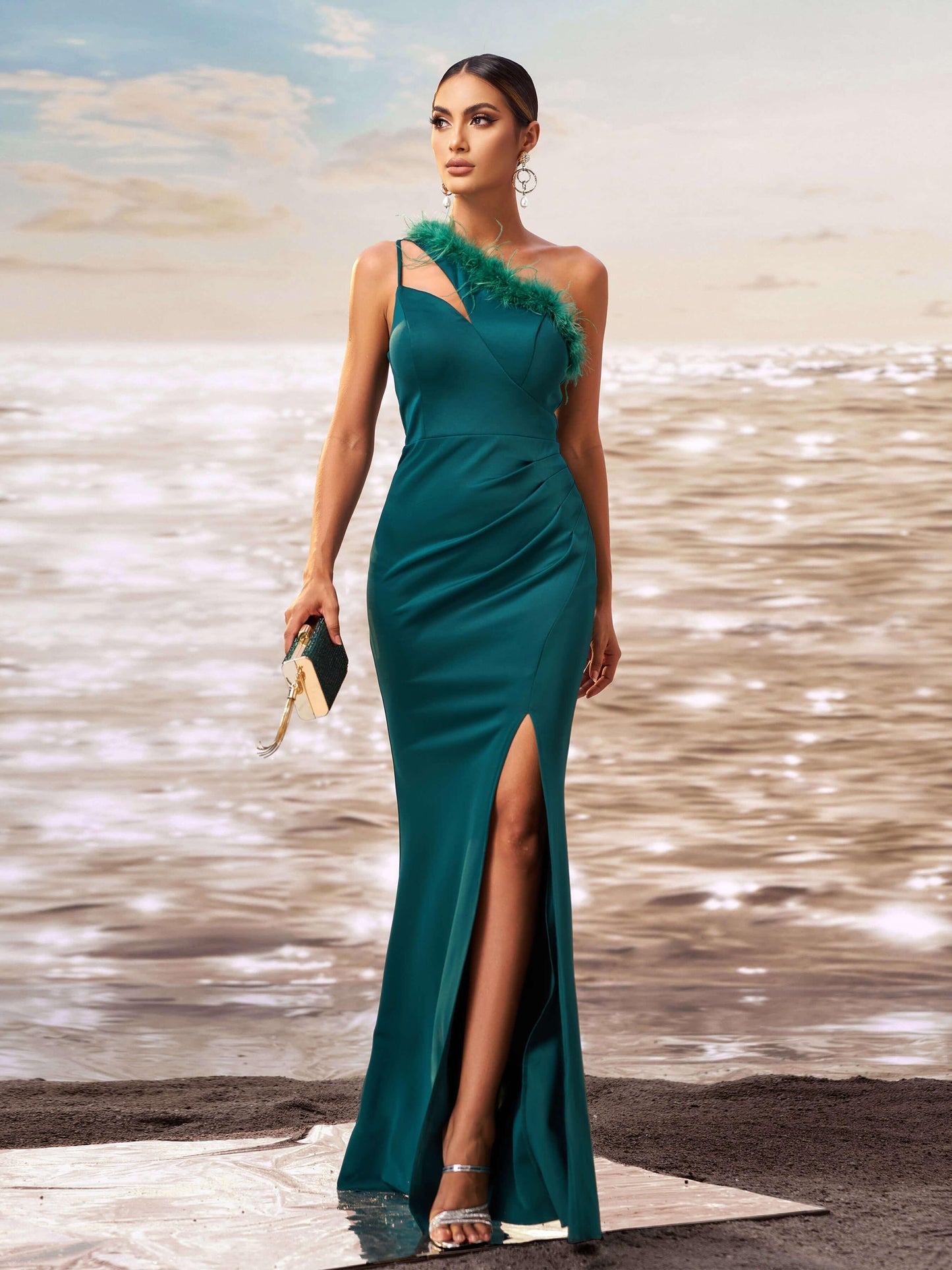 One Shoulder Feather Cutout Formal Dress