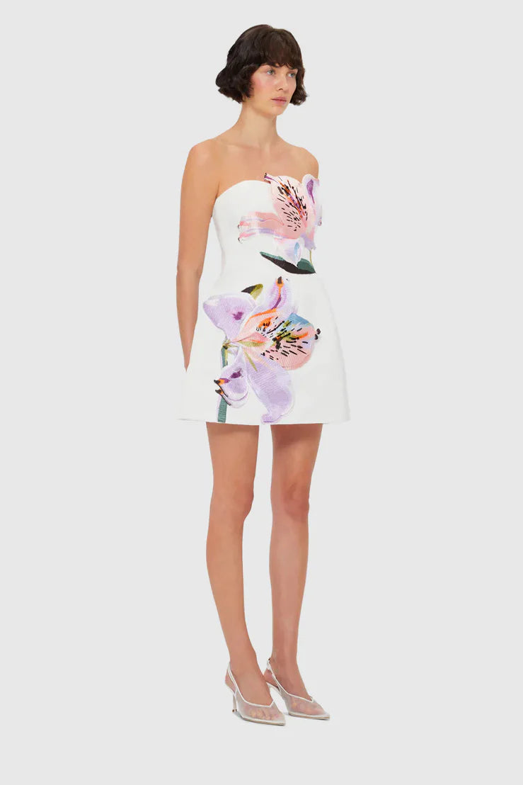 Rosario Appliqué Bustier Mini Dress in white