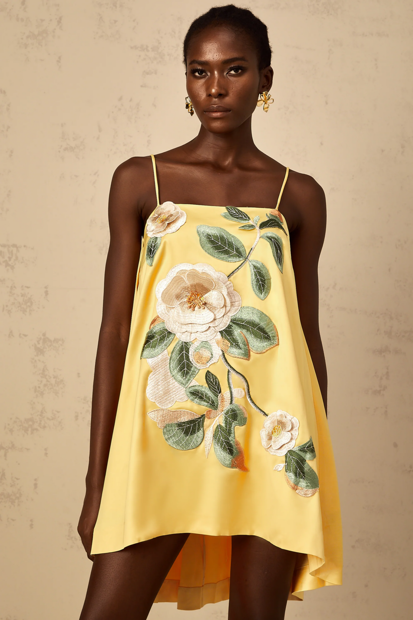evangeline applique floral Embroidered Mini Dress in yellow