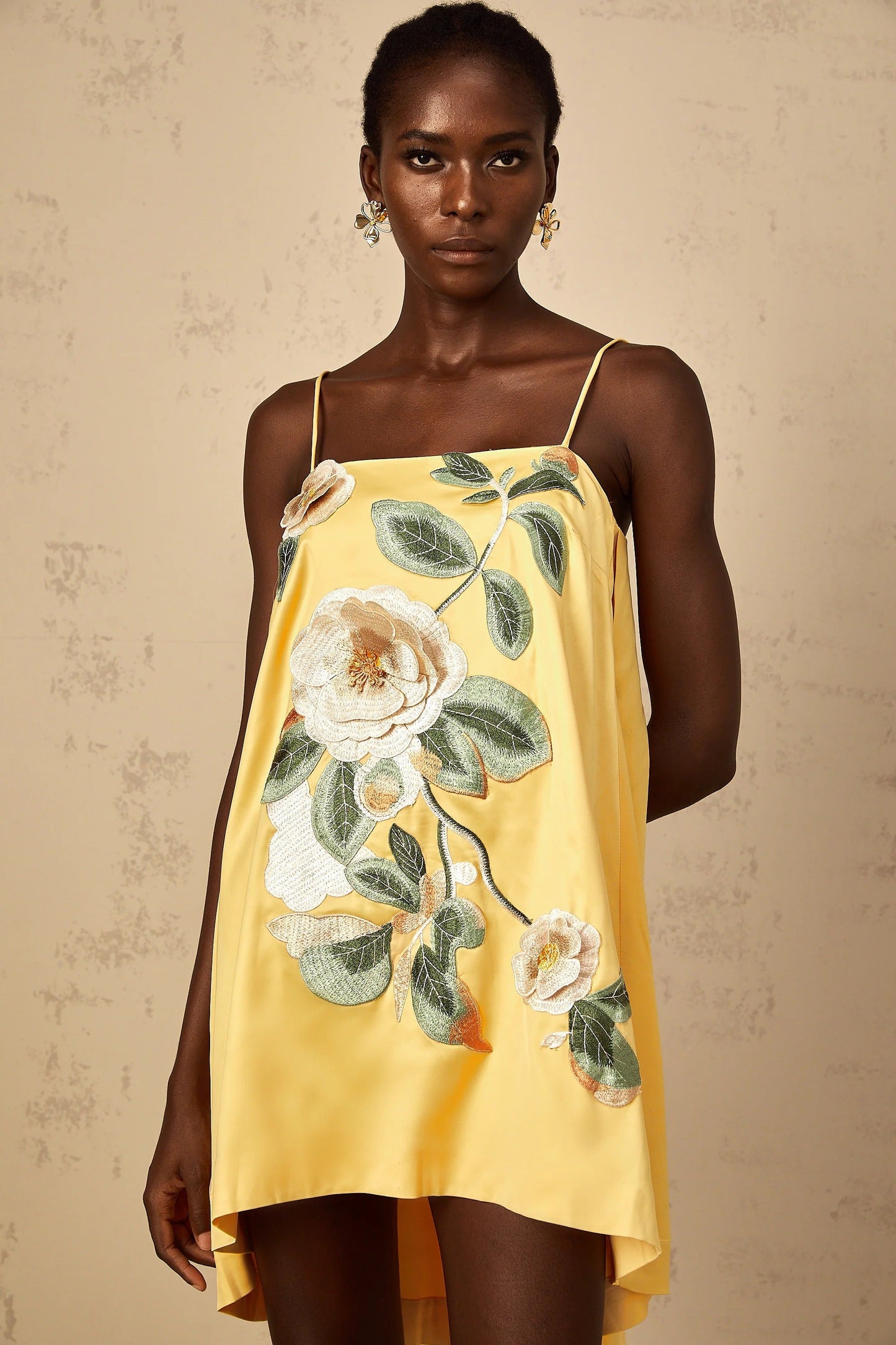 evangeline applique floral Embroidered Mini Dress in yellow