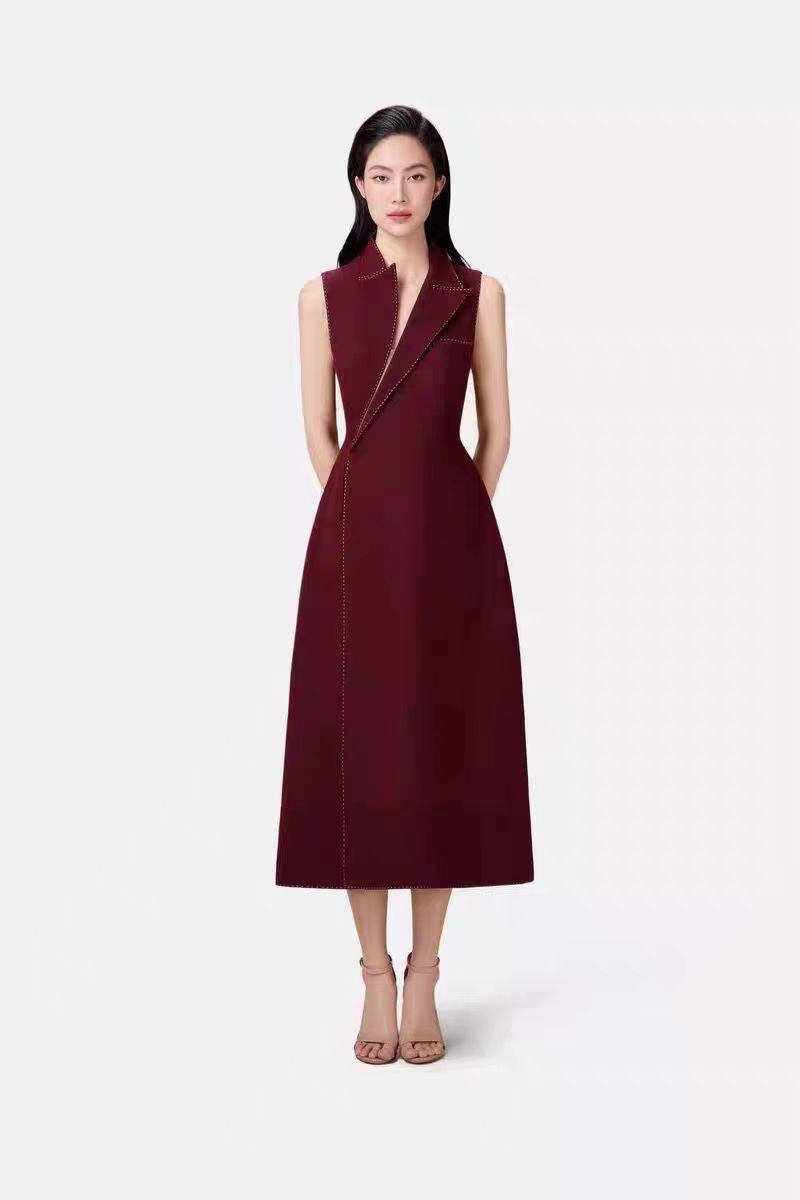 lindsay asymmetric collar blazer midi dress in red