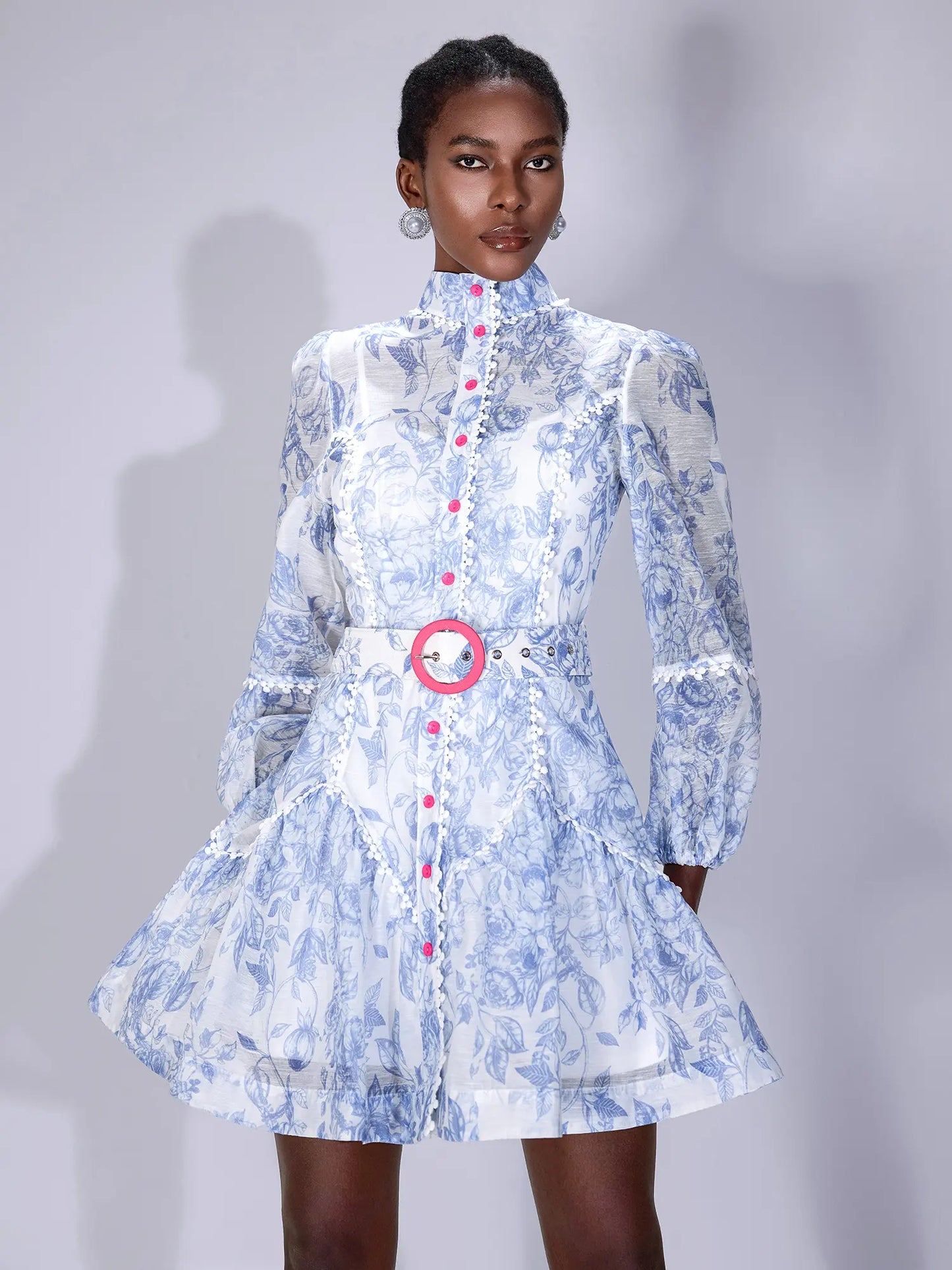 Blue Printed High-Neck Mini Dress with Belt
