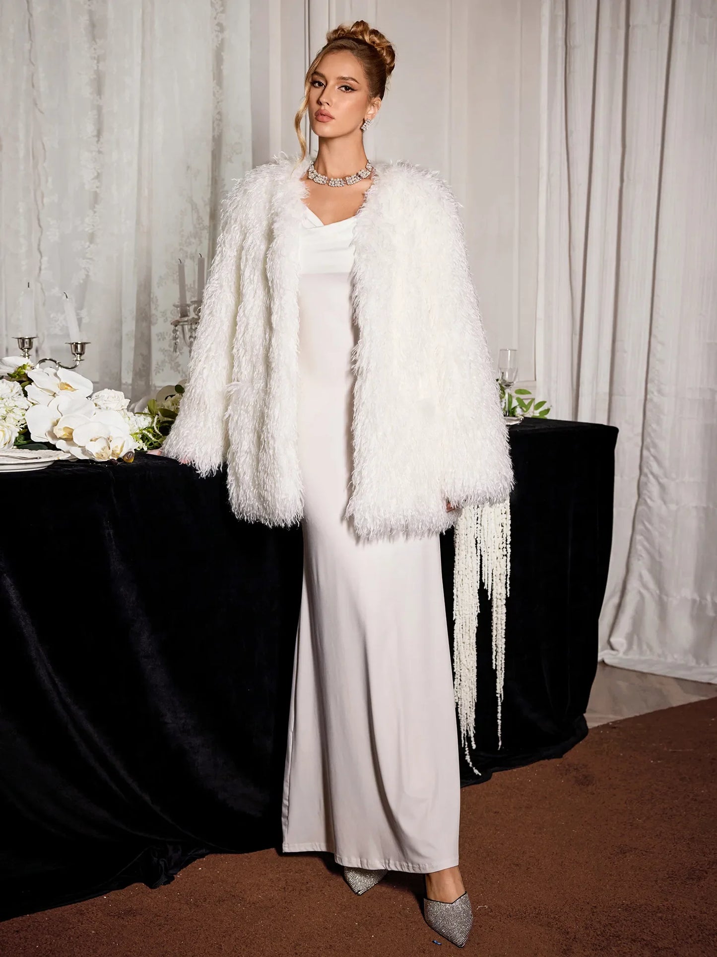 Elegant White Fuzzy Oversized Coat