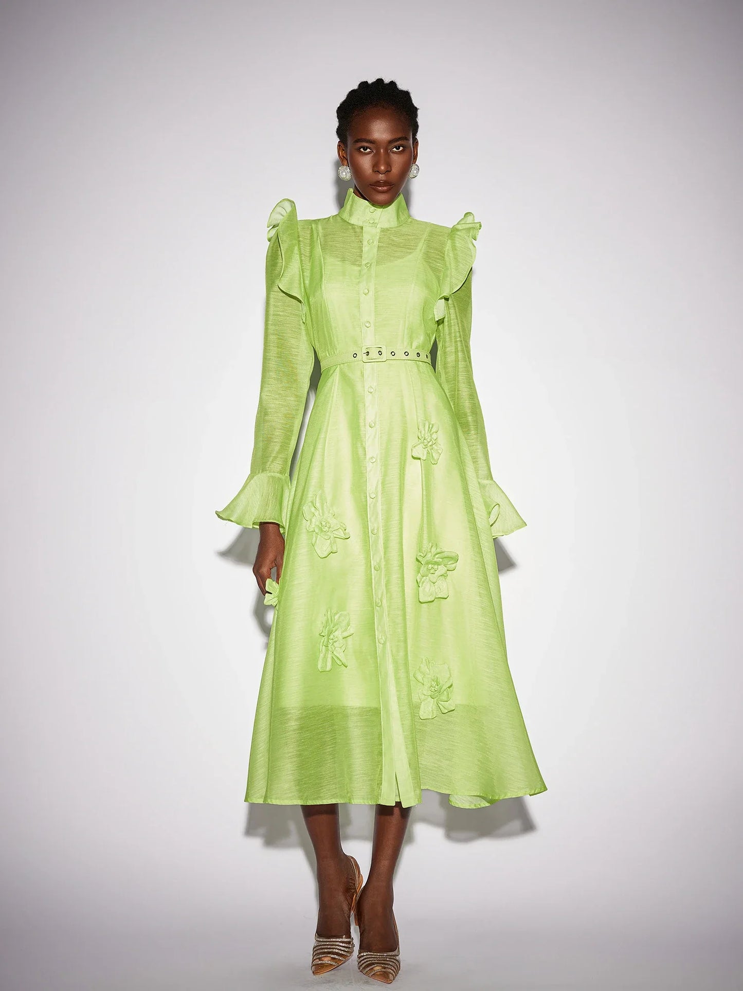 Floral Ruffle Trim Mesh Midi Dress