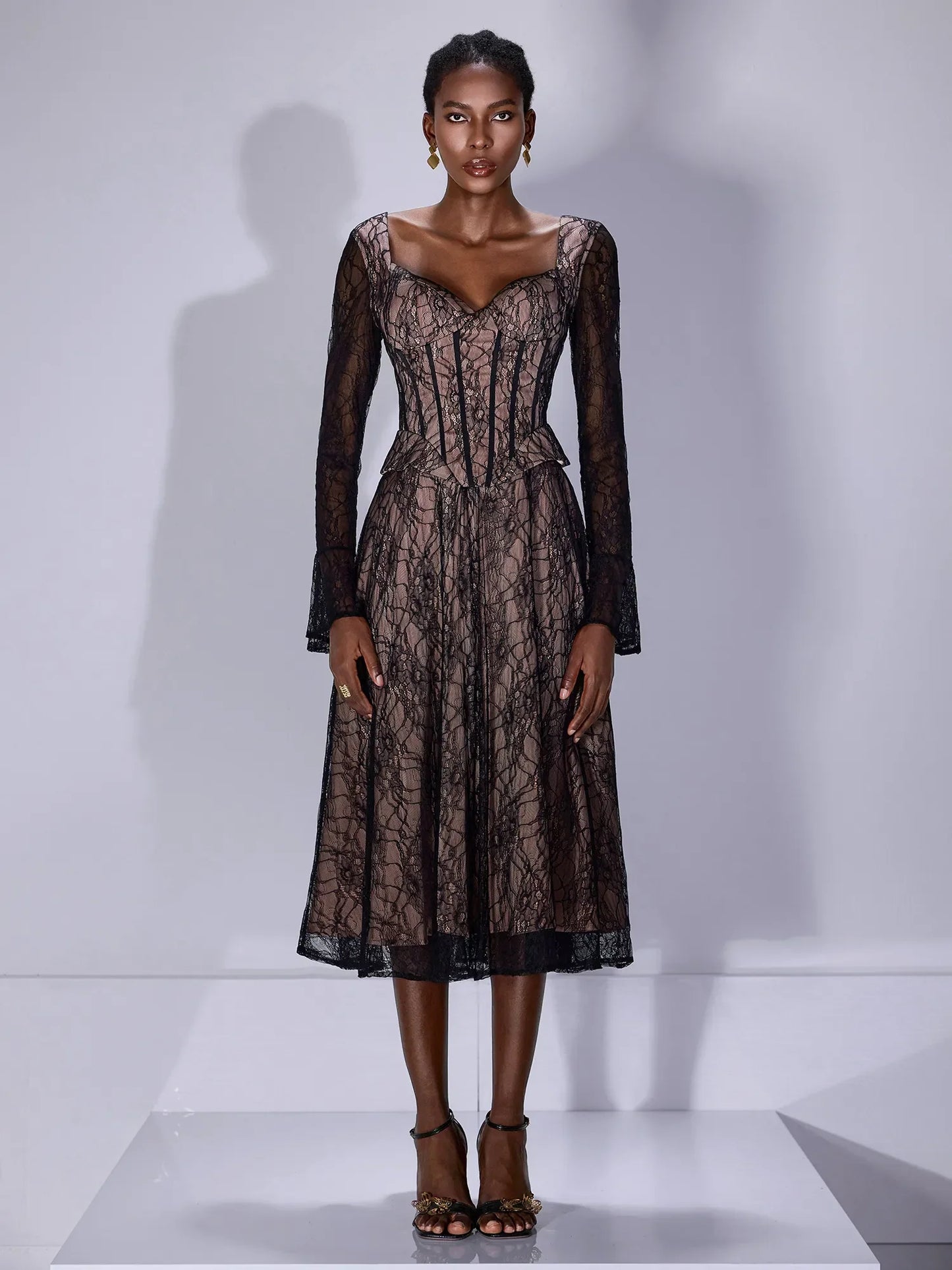 Lace Low Cut Ruffle Midi Dress