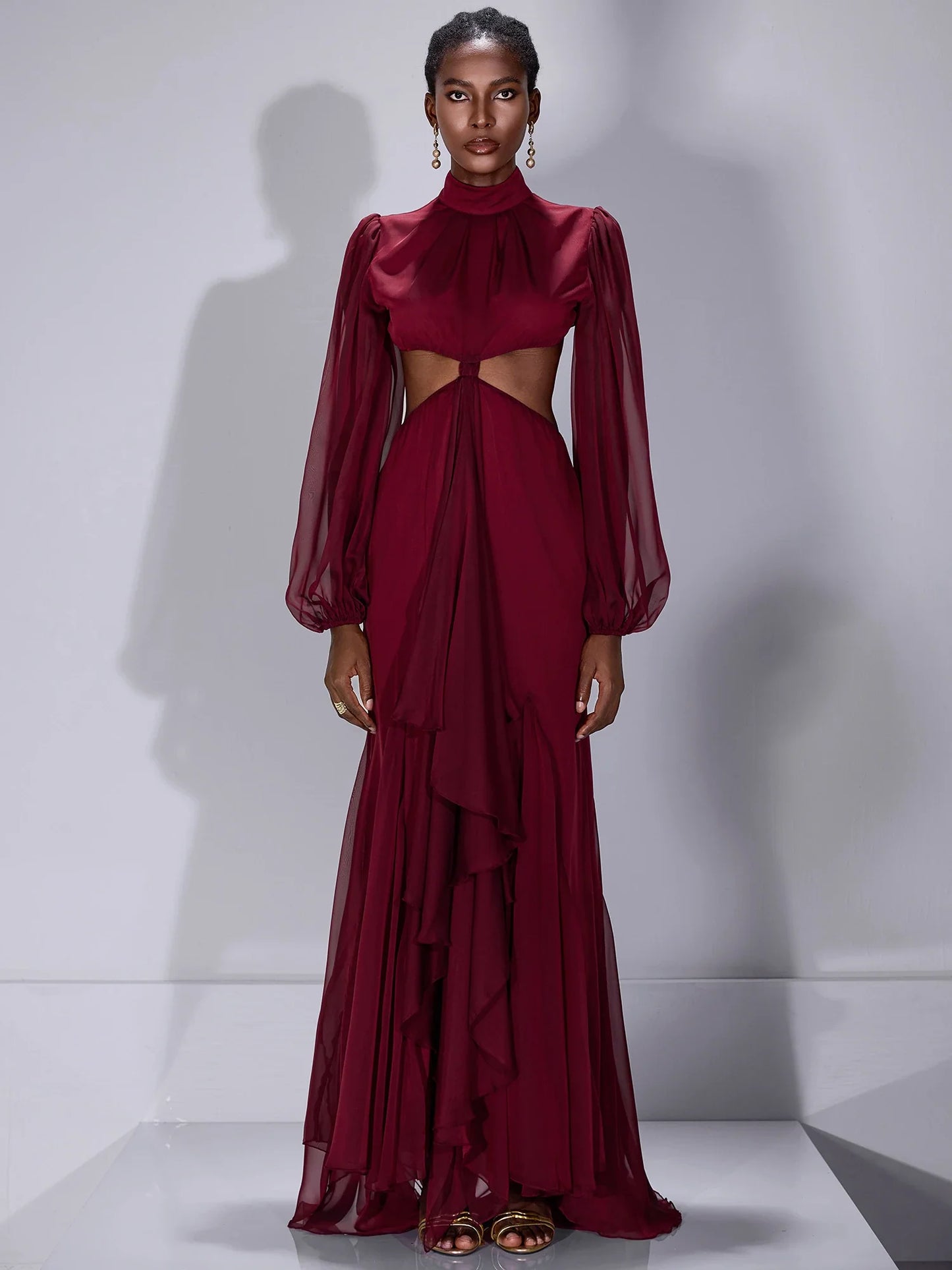 Mesh Cut-Out Waist High-Neck Maxi Dress