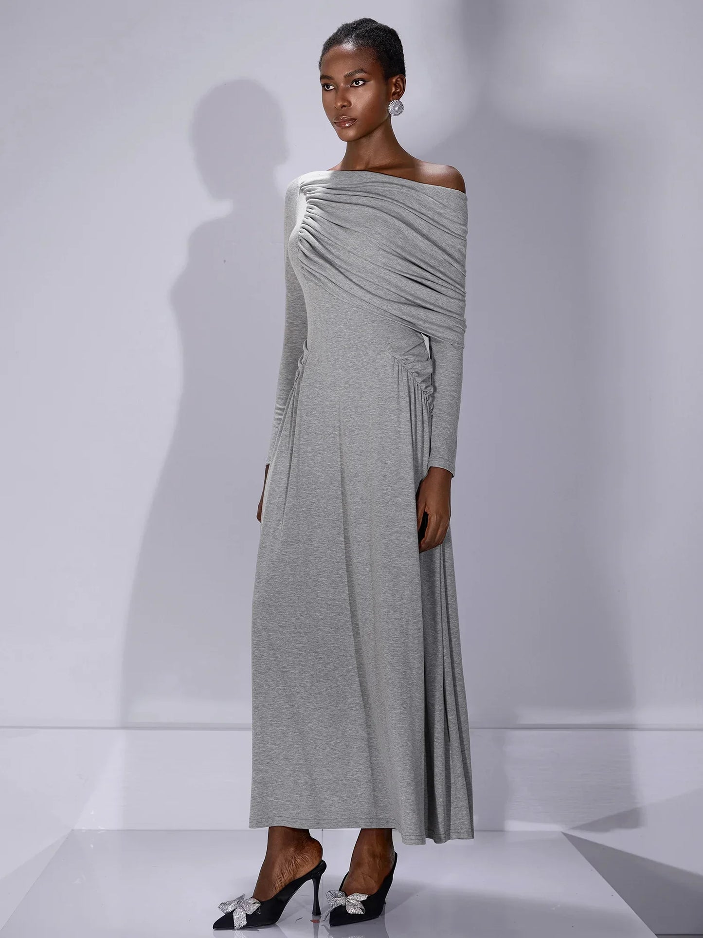 One Shoulder Asymmetric Ruched Maxi Dress