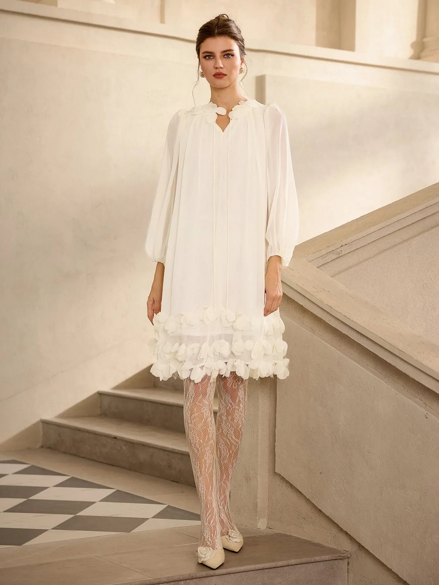 Petal Trim Neckline and Hem Mini Dress
