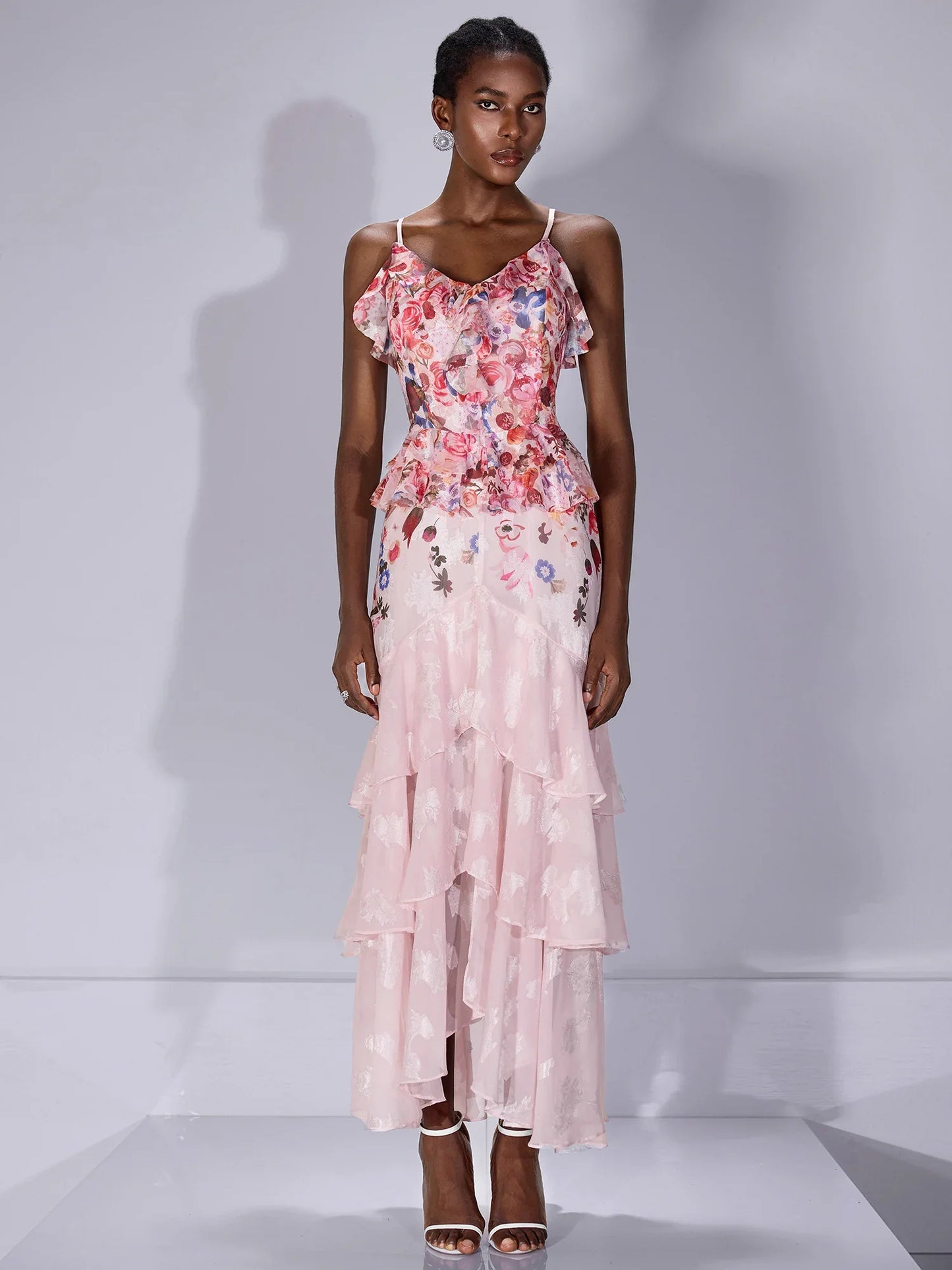 Printed Ruffle-Hem Strap Midi Dress