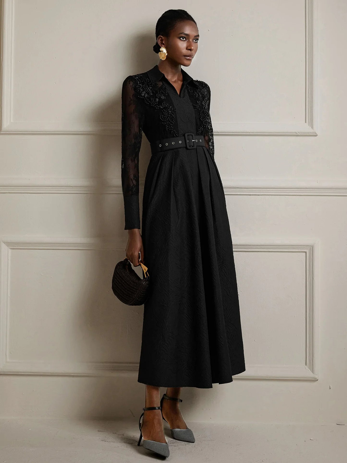 Printed Sheer Beaded Maxi Dress with Belt