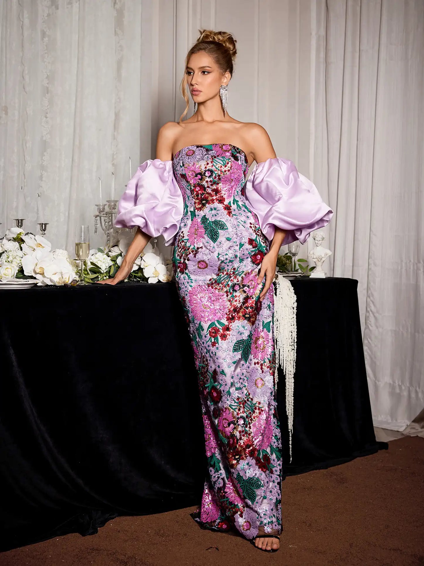 Puff Sleeve Floral Evening Maxi Dress