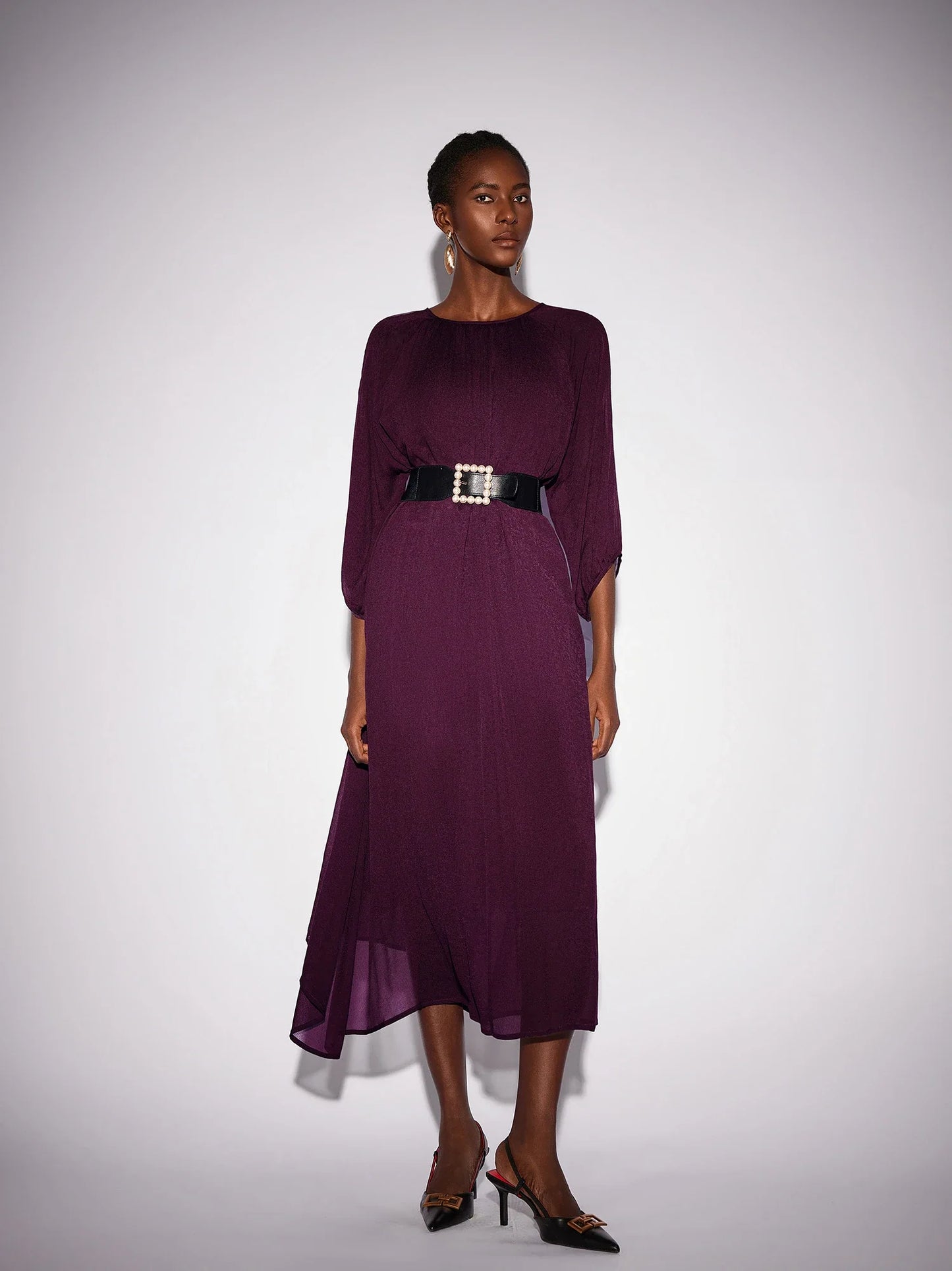 Purple Crew Neck Mesh Midi Dress
