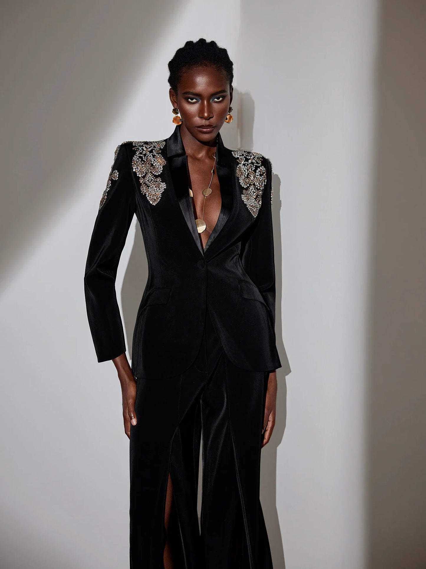 Elegant Black V-Neck Pantsuit with Rhinestone Blazer