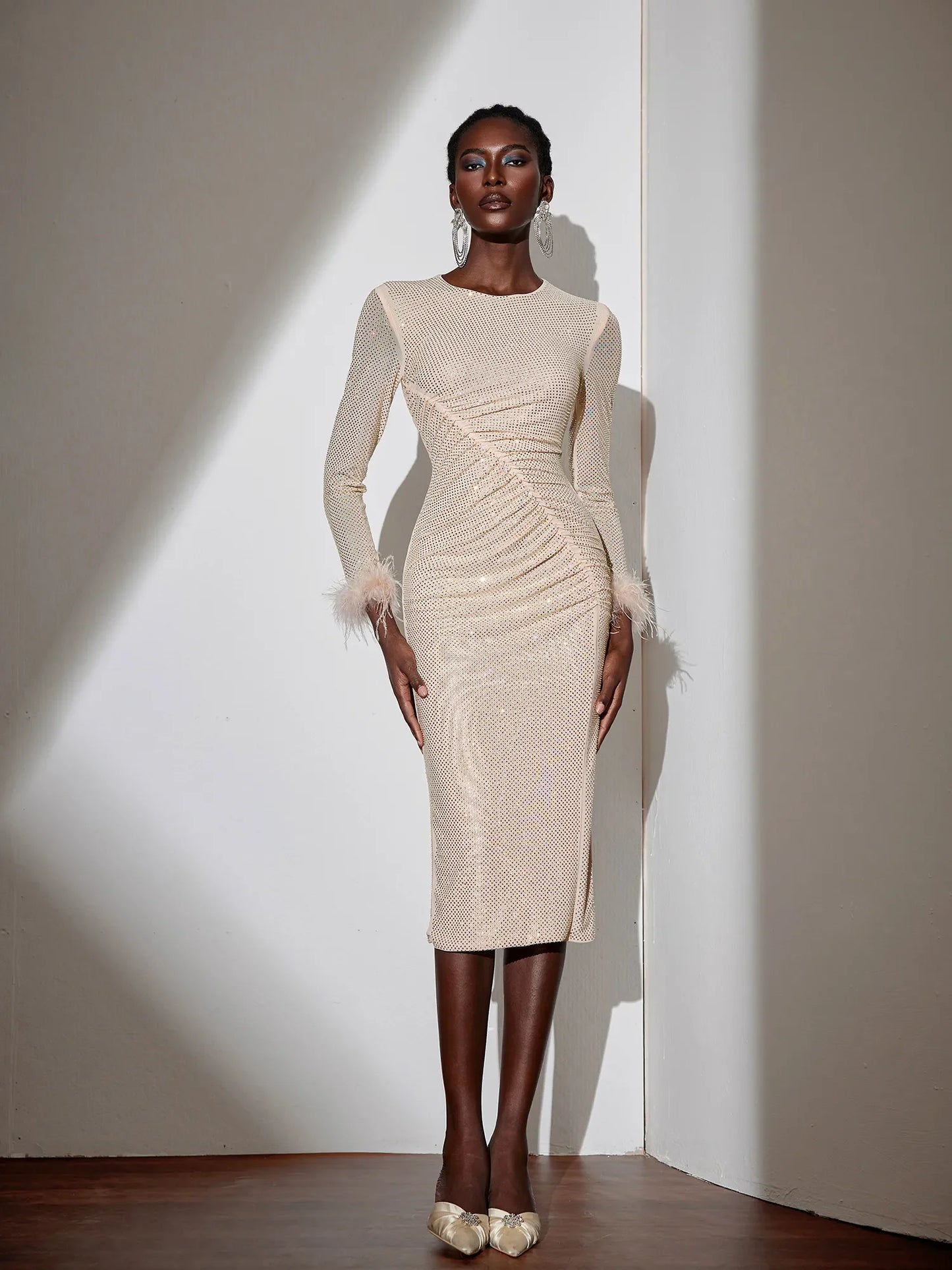 Sparkly Ruched Bodycon Midi Dress